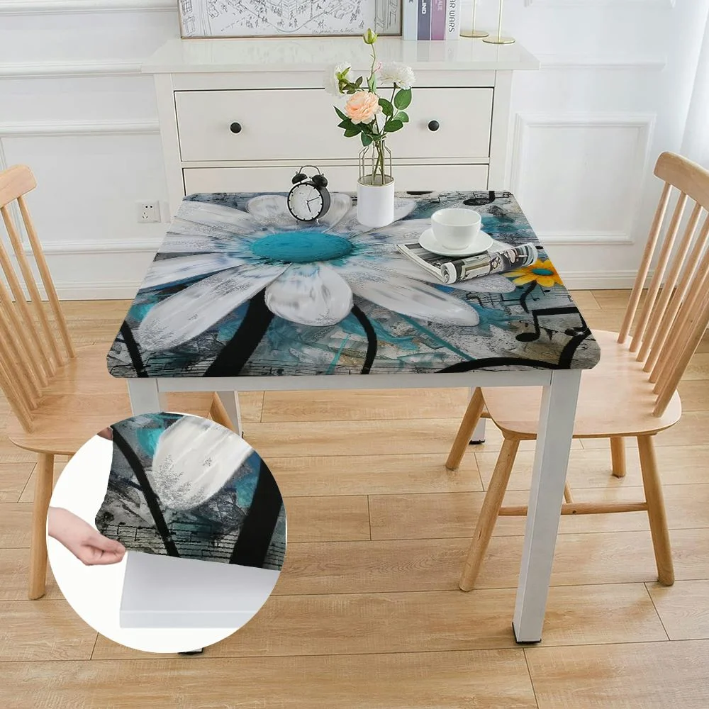 nygtbtfer Elastic Edge Square Fitted Tablecloth, Floral Butterfly Waterproof Wipe Clean Polyester Table Cloth, Great for Outdoor Home Kitchen/Parties/Holiday Dinner, Fit for Square Table white