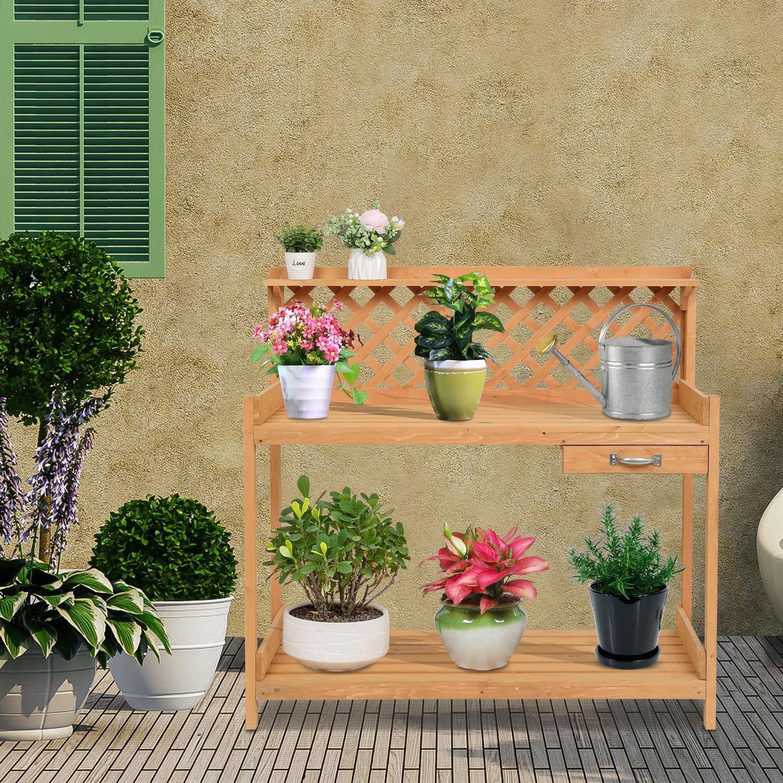 Wood Outdoor Potting Bench with Storage Shelf Patio Garden Work Station Table