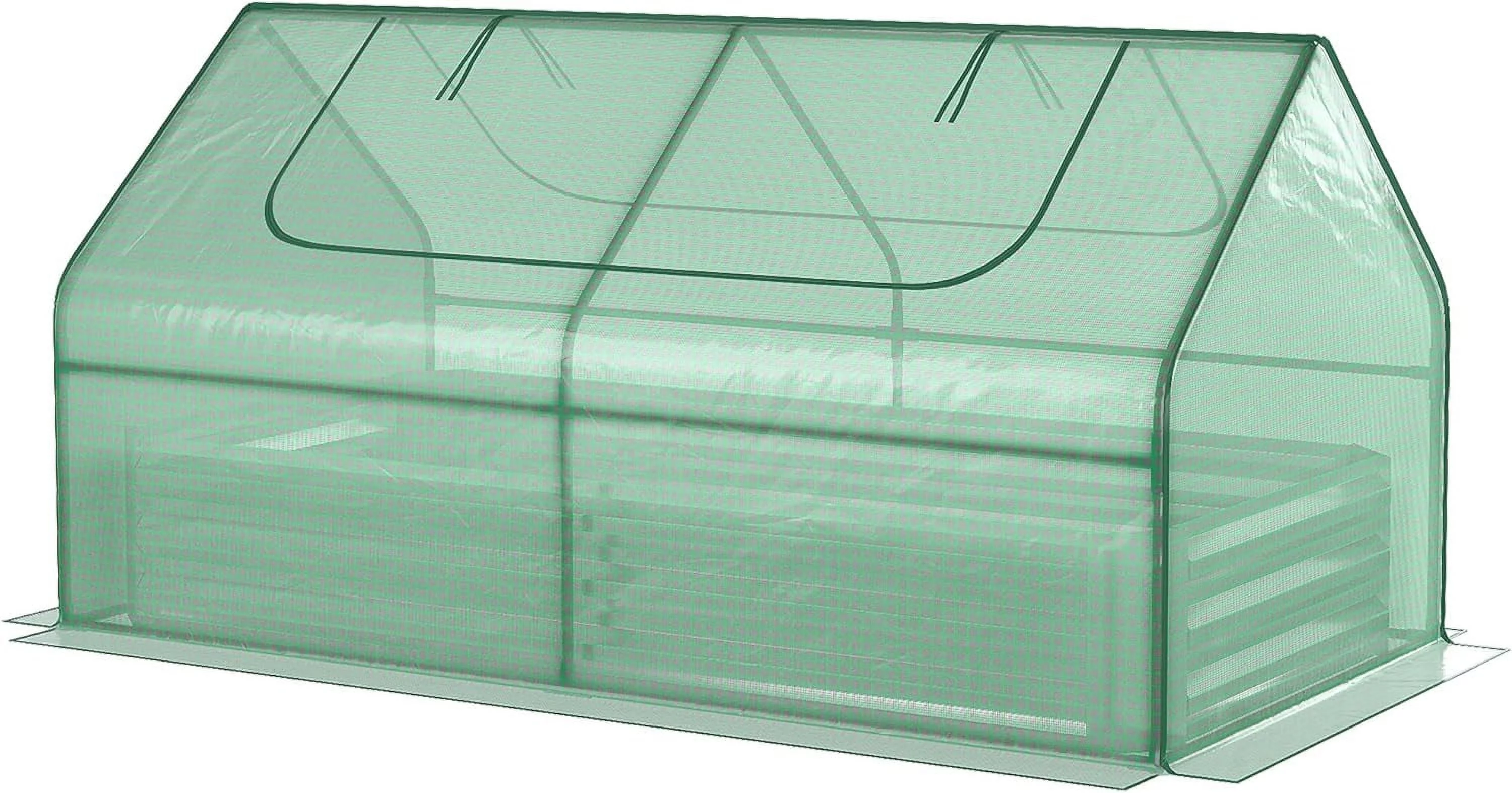 6' x 3' Galvanized Raised Garden Bed with Mini PE Greenhouse Cover, Outdoor Metal Planter Box with 2 Roll-Up Windows for Growing Flowers, Fruits, Vegetables and Herbs, Silver