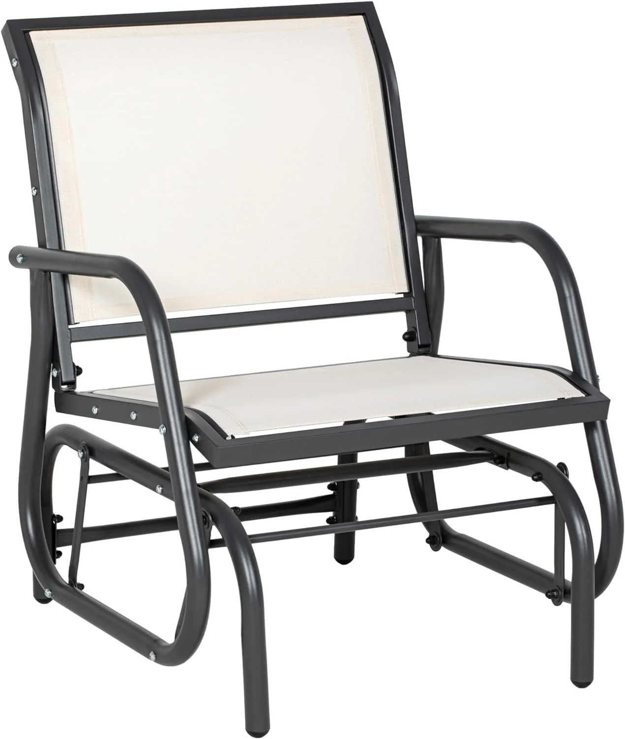 Porch Glider, Metal Frame Swing Glider Chair with Breathable Mesh Fabric, Curved Armrests and Steel Frame for Garden, Poolside, Backyard, Balcony, Cream White