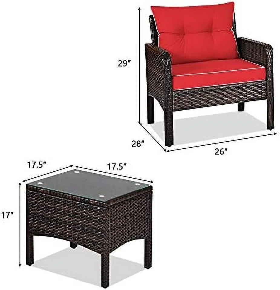 HBLUKDL 3 Piece Patio  Set  Outdoor Rattan Sectional Sofa Set with Seat Cushions  Modern  with Coffee Table & Chairs  Wicker Conversation Set for Garden Balcony Poolside  Red