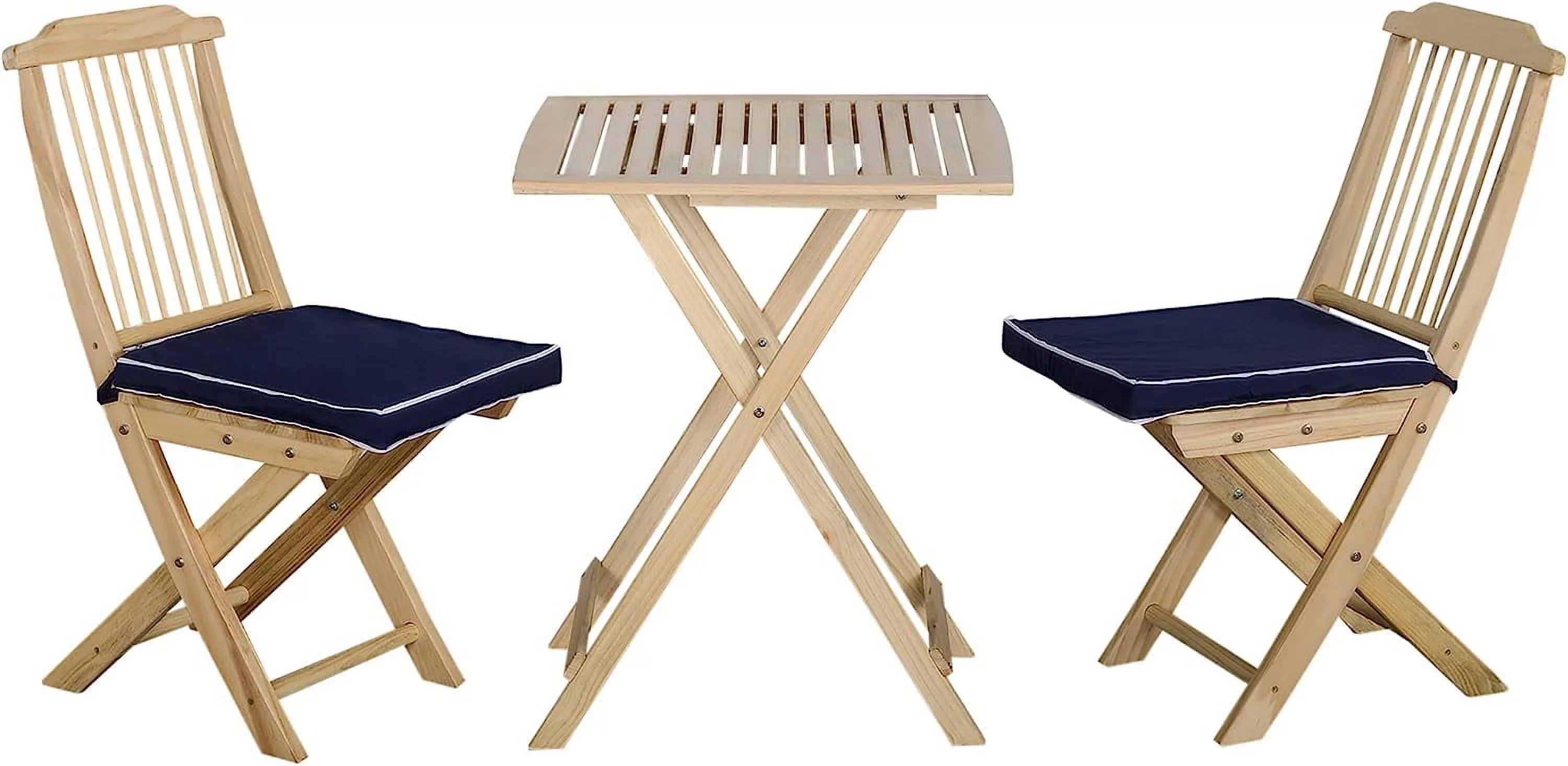 3 Pieces Patio Folding Bistro Set, Outdoor Pine Wood Table and Chairs Set with Tie-on Cushion & Square Coffee Table, Great for Indoor, Poolside, Garden, Dark Blue