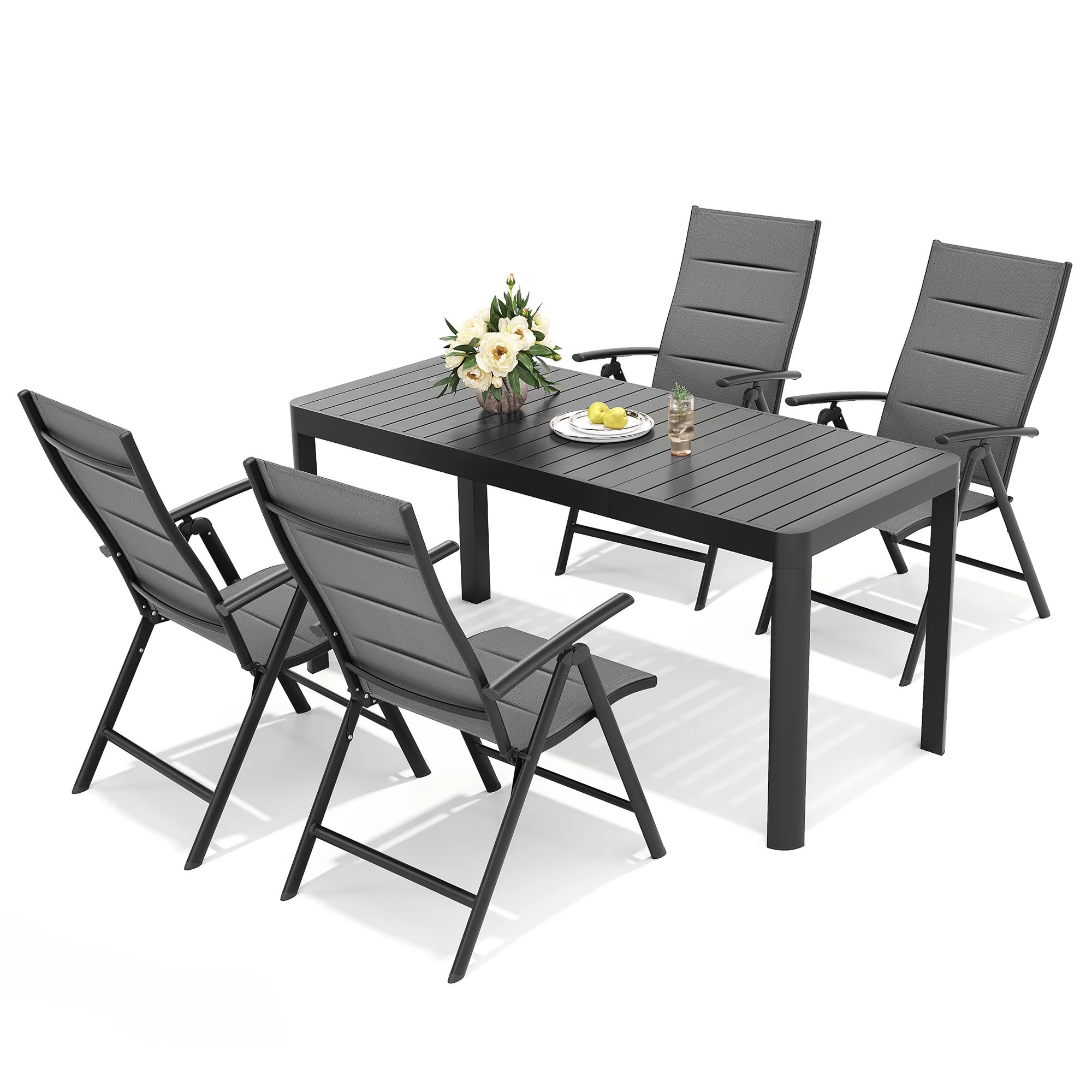 Pellebant 5 Pcs Patio Dining Set Aluminum Expandable Table and Chairs Set for 4-8 People Black