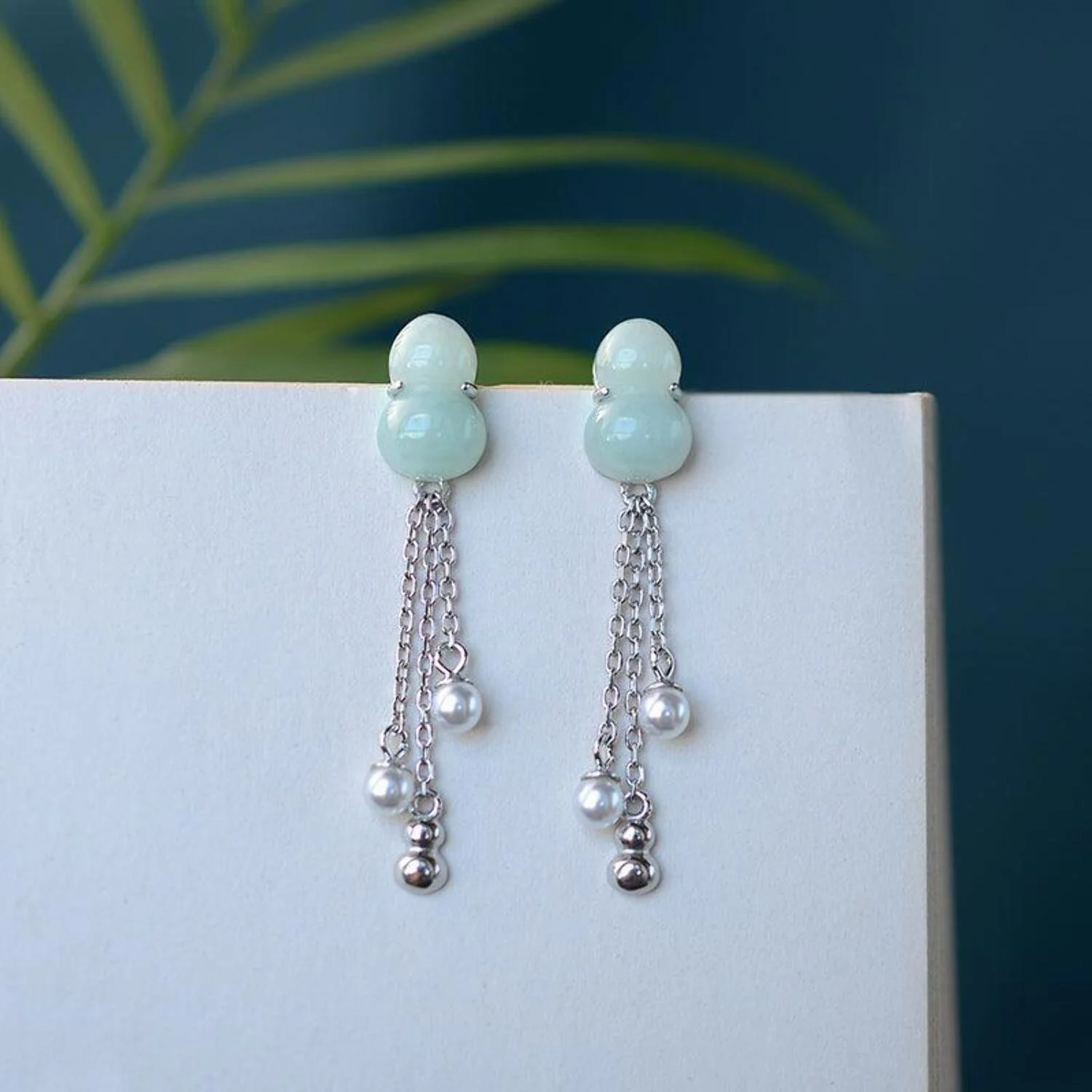 S925 Sterling Silver Natural Jade Gourd Fulu Tassel Temperament All-match Lady Long Earrings
