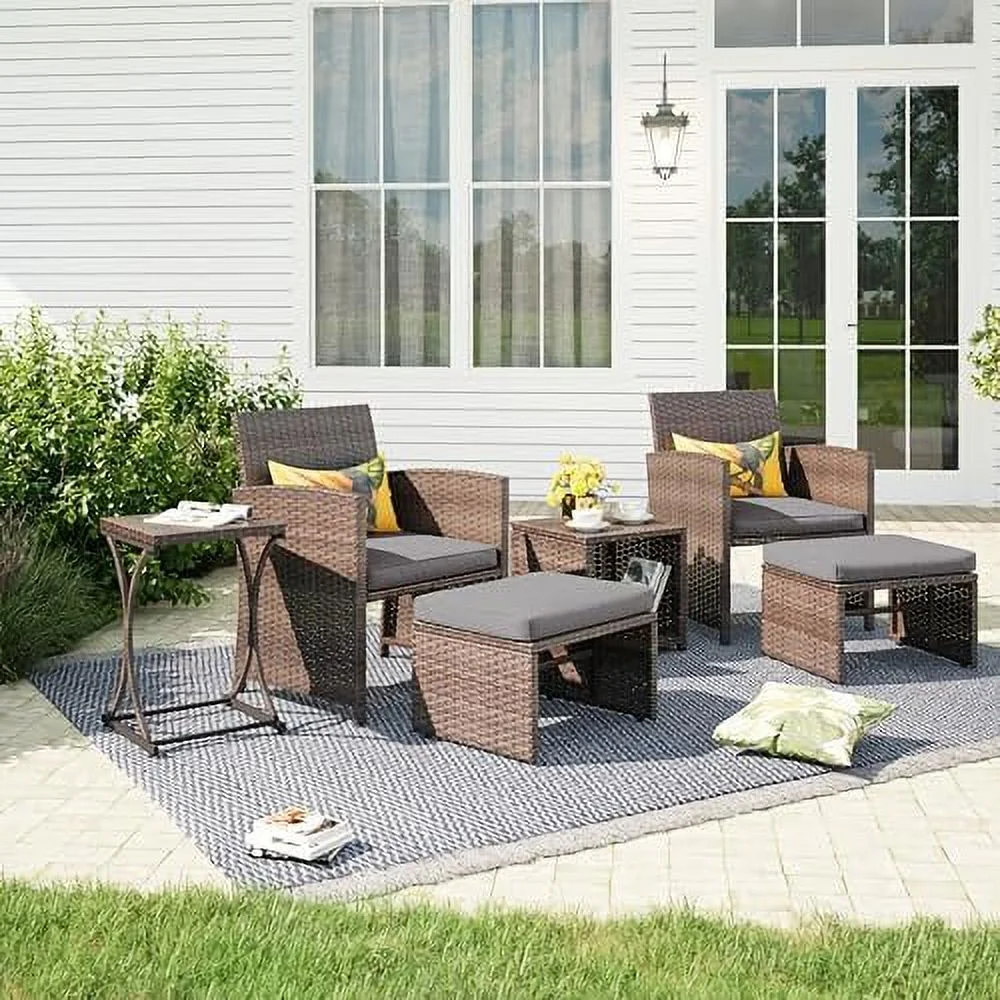LNSETGC 6 Piece Patio Wicker  Set  Balcony All Weather Rattan Chair  with Space Saving Ottoman  Resin Nesting Coffee Table  Modern Design  Dark Grey