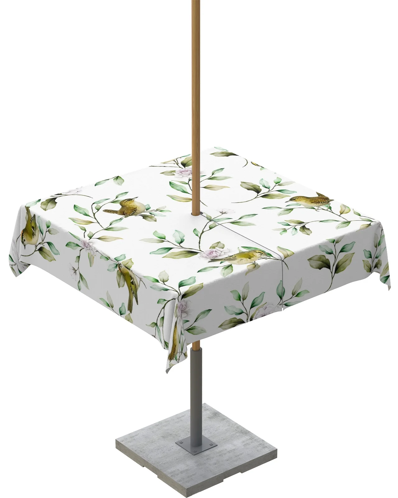 Outdoor Tablecloth with Umbrella Hole and Zipper Spring Summer Flowers and Plant Robin Green Leaves Waterproof Patio Table Cover Square&nbsp;Table Cloth for Picnic Party BBQS, 60x60