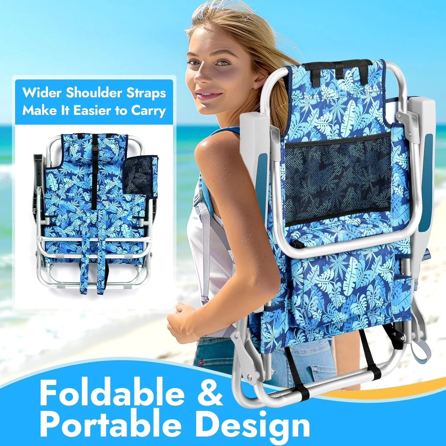 Folding Beach Chair Backpack for Adults, 5 Positions Adjustable Beach Chairs Heavy Duty Beach Seat Foldable with Large Cooler Pouch and Cup Holder Pocket, Up to 350 LBS Support