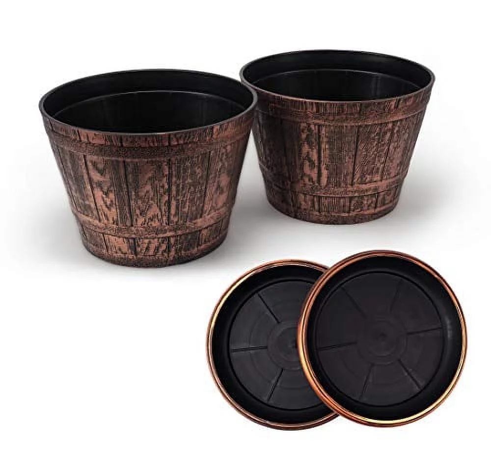 Set of 2 Plastic Whiskey Barrels Rustic Look (2 + 2 Matching Saucers) French Country Style Flowerpot Indoor Outdoor Garden Patio Office Home Decor Use Reusable Light Weight (Copper)