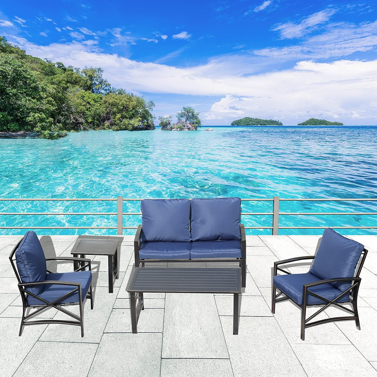 Dina 5 Pieces Metal Conversation Patio Outdoor Backyard Porch Loveseat Chairs Furniture Set with Table  Blue