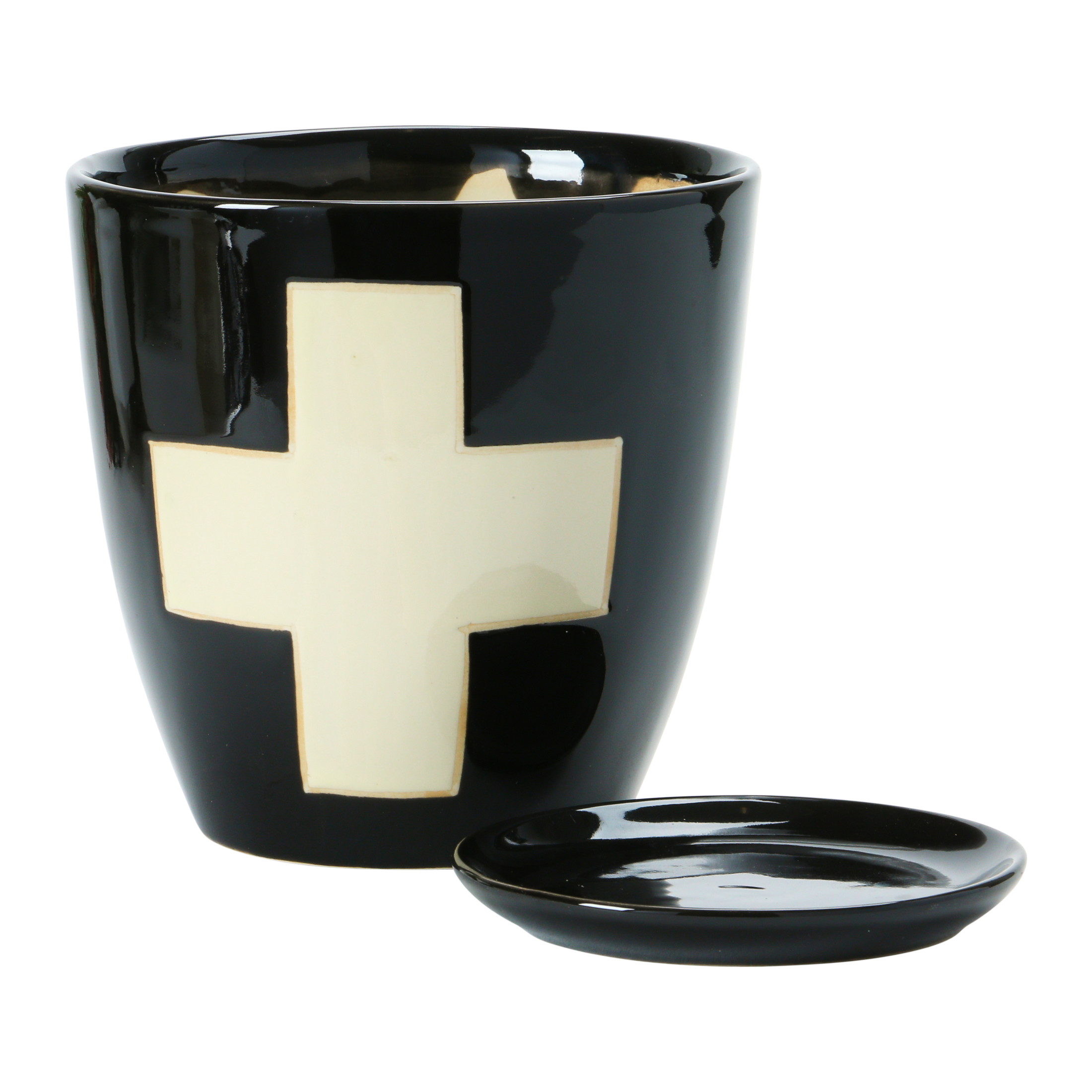 Creative Co-Op Stoneware Planter with Saucer & Wax Relief White Swiss Cross, Black, Set of 2 (Holds 4