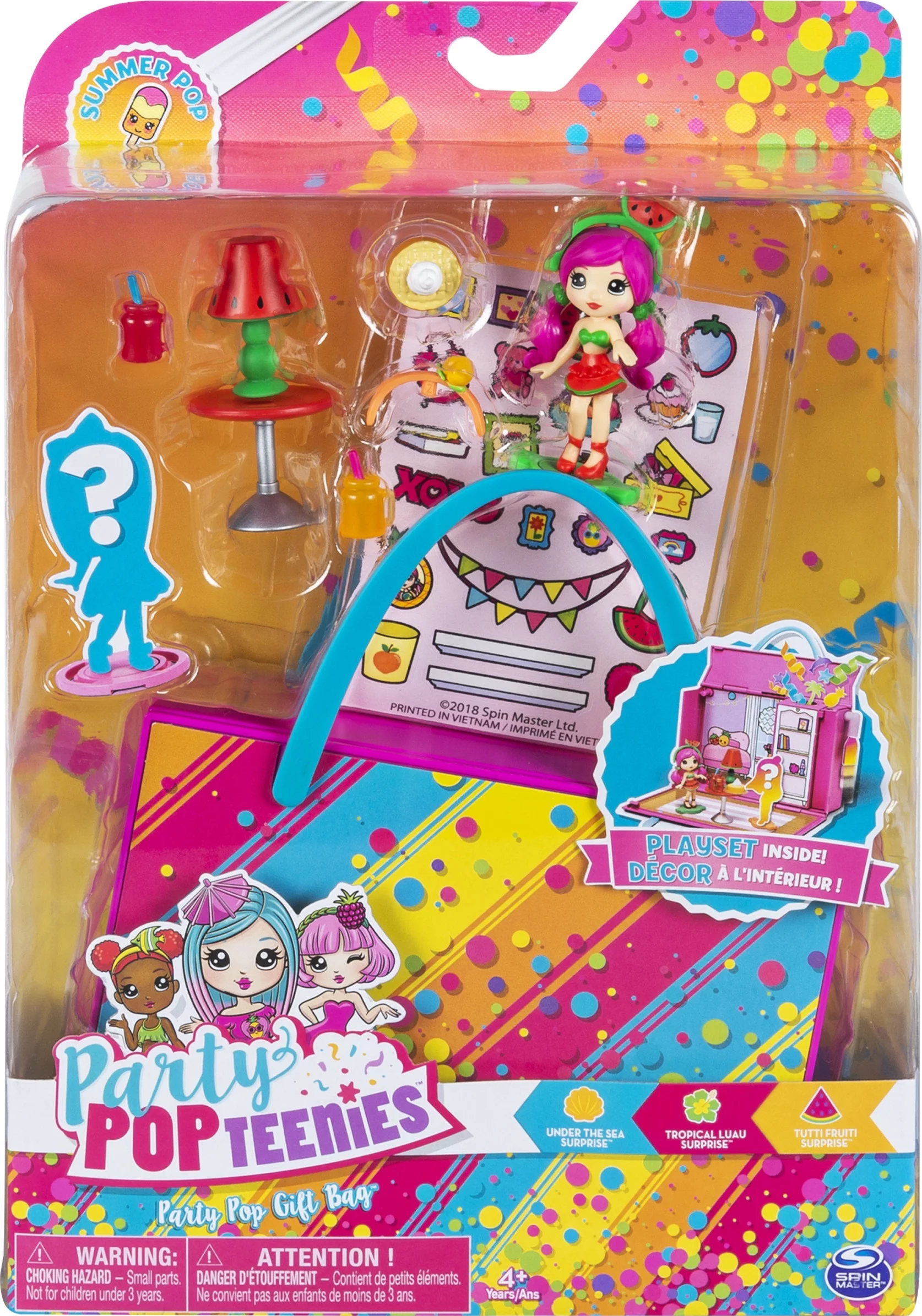 Party Popteenies Summer Pop Party, Tutti Fruiti Party Pop Gift Bag with Collectible Dolls, Mini Furniture and Confetti, for Ages 4 and Up