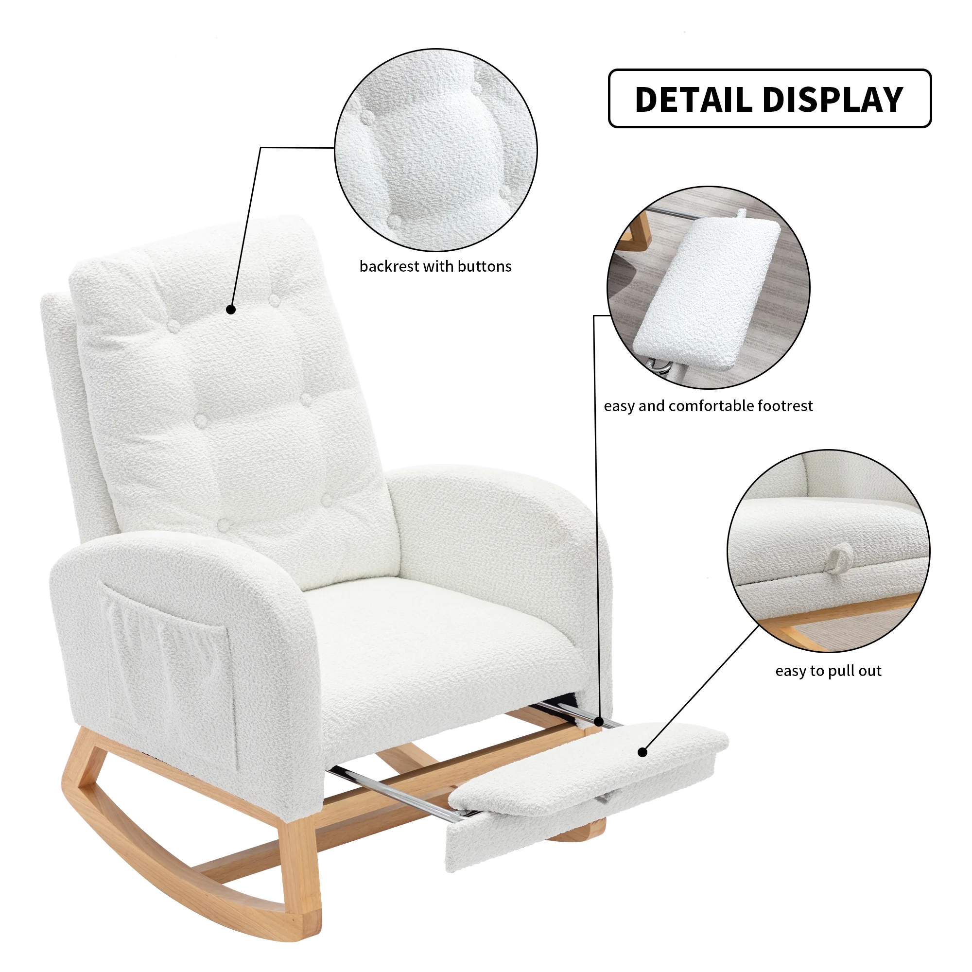 High back wooden Rocking chair Bedroom Living Room Living Space White 26.77D X 38.36W X 39.76H inches