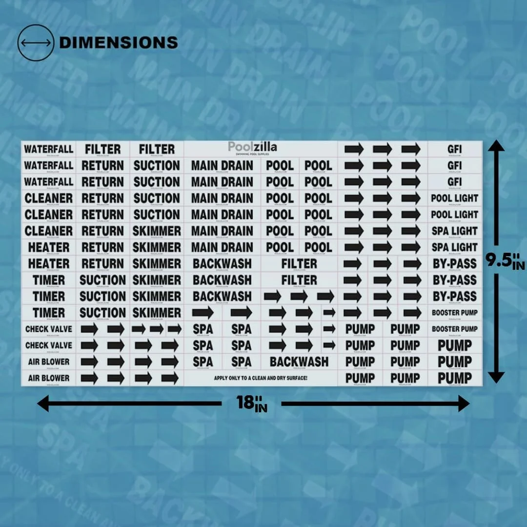 Poolzilla Premium Waterproof Sticker Labels for Swimming Pool, Plumbing, & Piping Parts, Easily Mark Different Equipment & Components of Your System For Easier Identification, 125 Labels