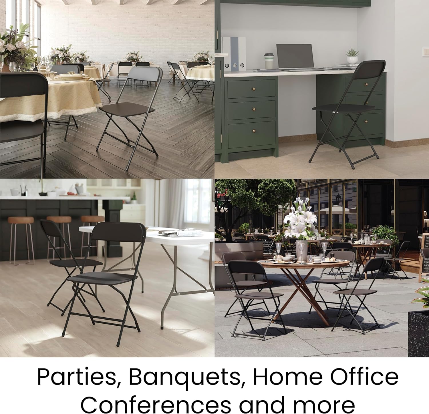 MINGFENG Hercules Series Big & Tall Stackable Plastic Folding Chairs, Extra Wide Commercial Event Seats, Set of 4, Black