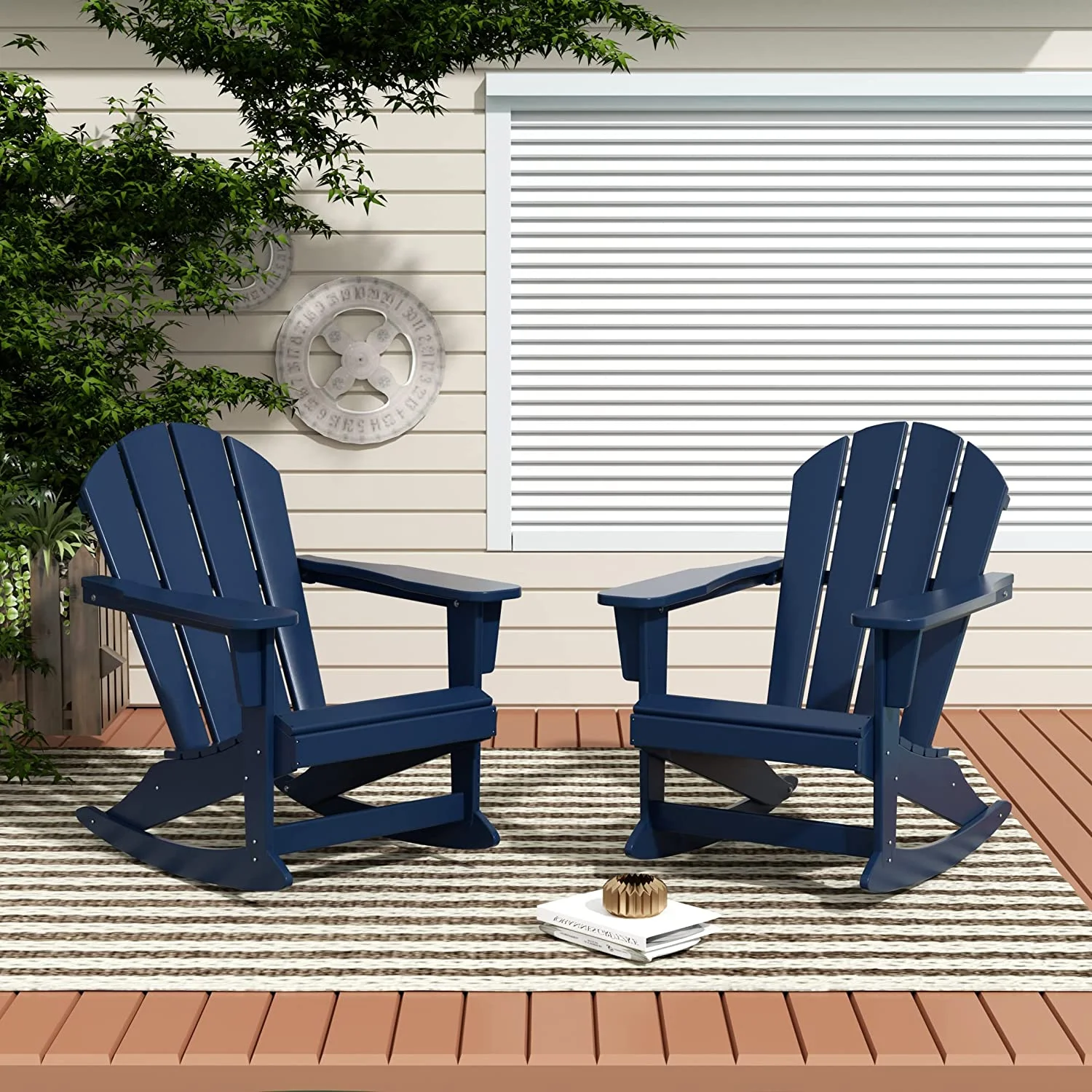 Home Furniture Patio Rocking Chair 2PCS  HDPE Adirondack Rocker Chair For Lawn Garden Porch (Navy Blue)