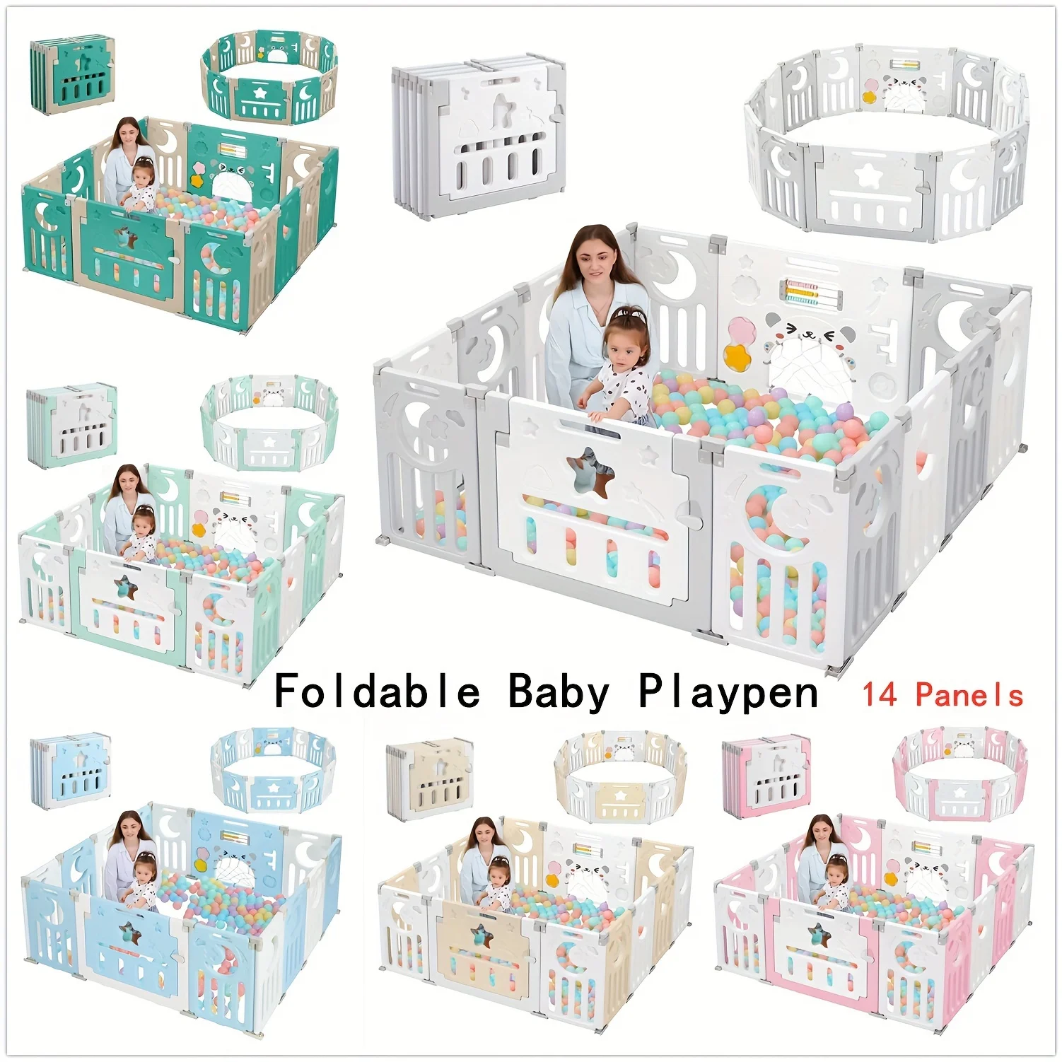 RHYFJJUI2 Foldable Playpen, 14 Panels Safety Play Pen Yard For Home Play Room, Indoor And Outdoor