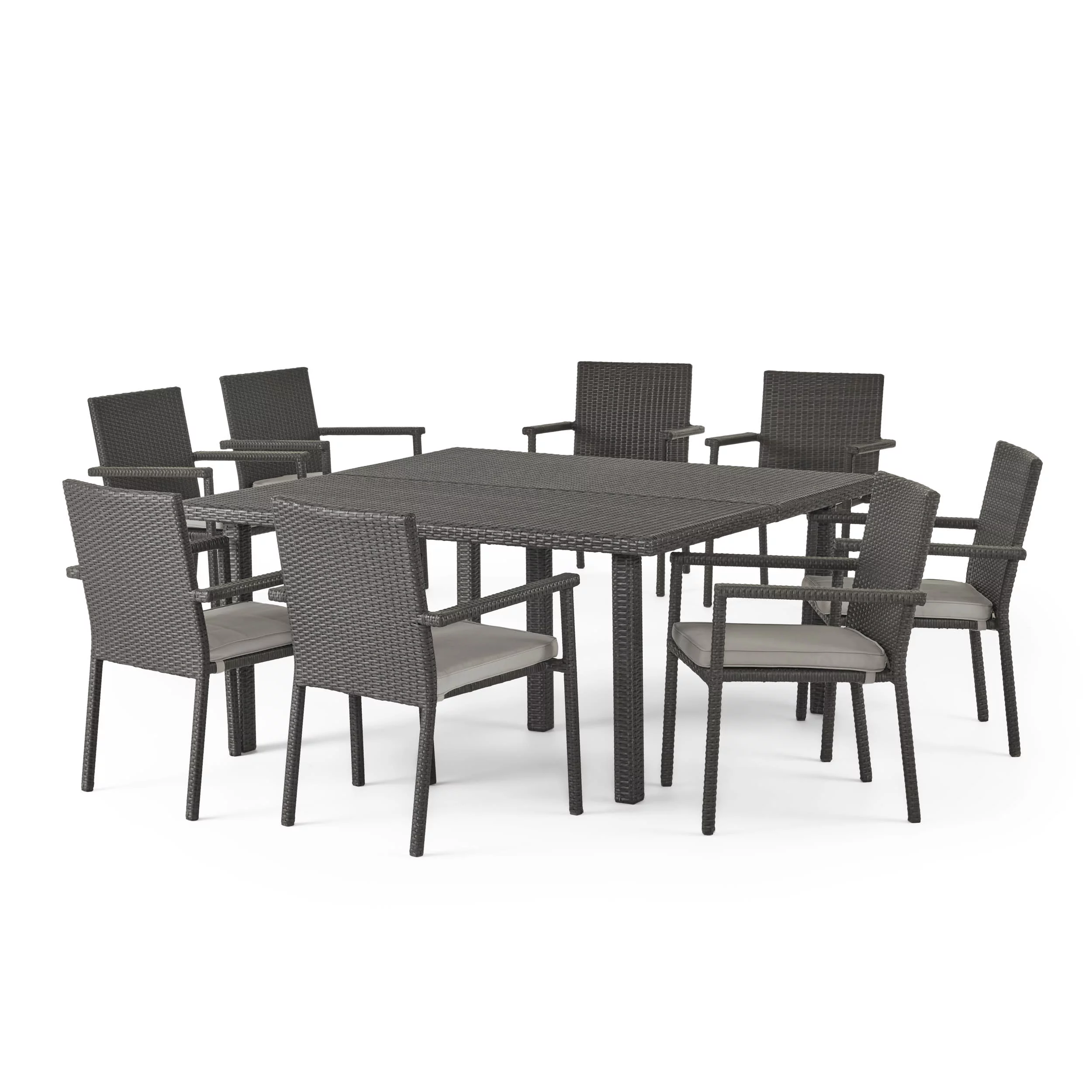 GDF Studio McHugh Outdoor Wicker 9 Piece Dining Set with Cushion, Gray and Light Gray