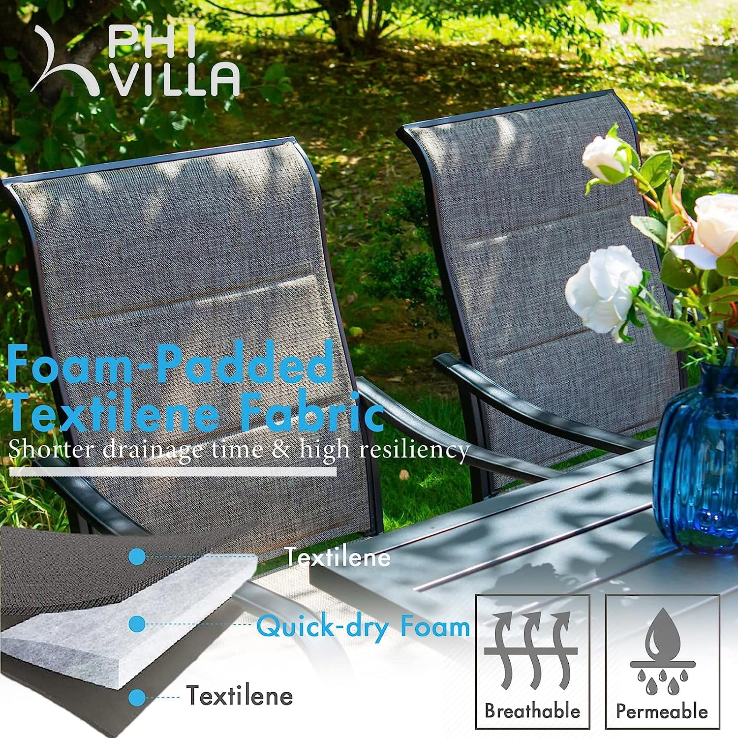 VILLA Patio Dining Set for 6  7 Piece Outdoor Table and Chairs with 6 Padded Swivel Chairs & 1 60" x 38" Wood Like Metal Dining Table(1.57" Umbrella Hole)  All Weather Din