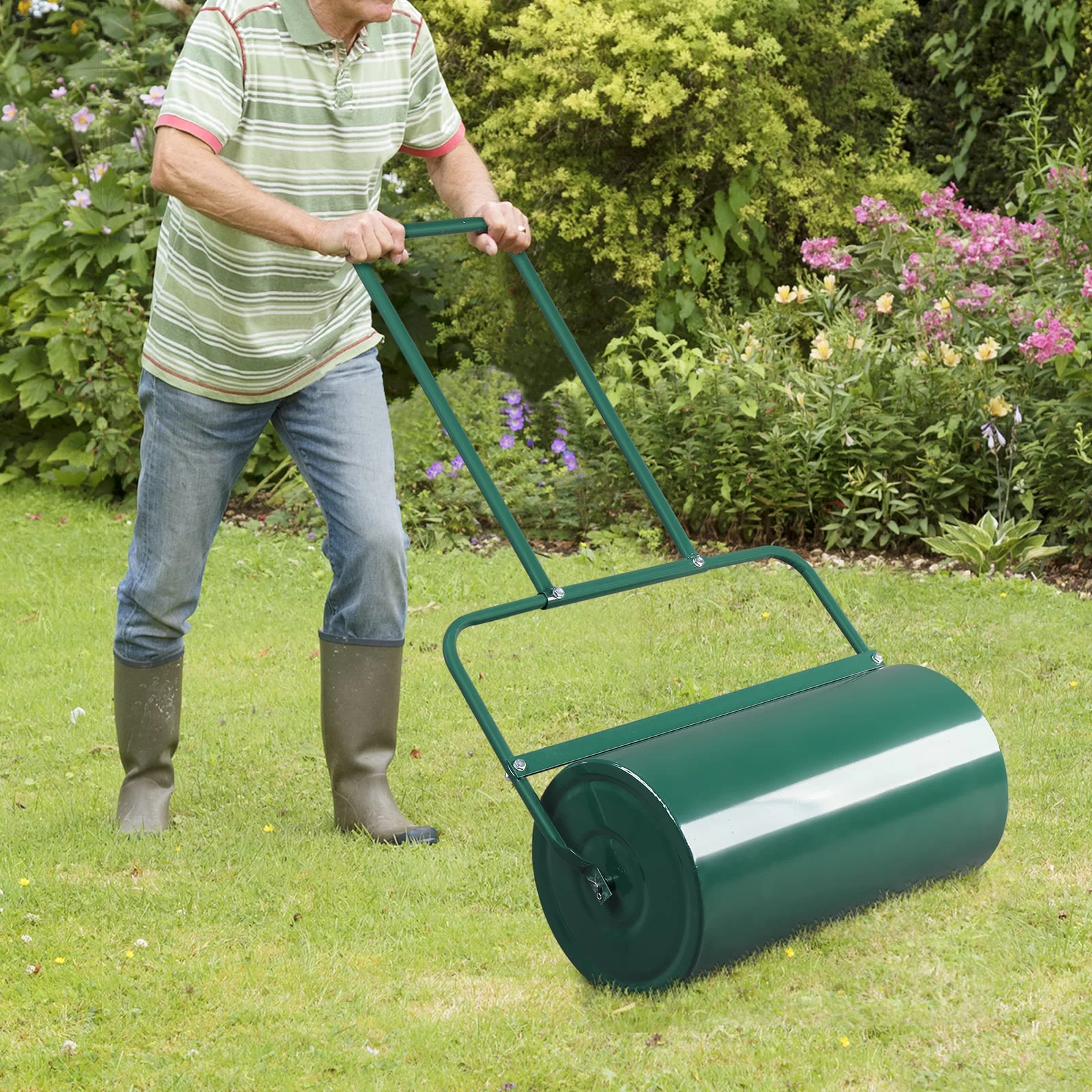 24in Garden Roller Lawn Steel Water Filled Push for Garden, Yard Green