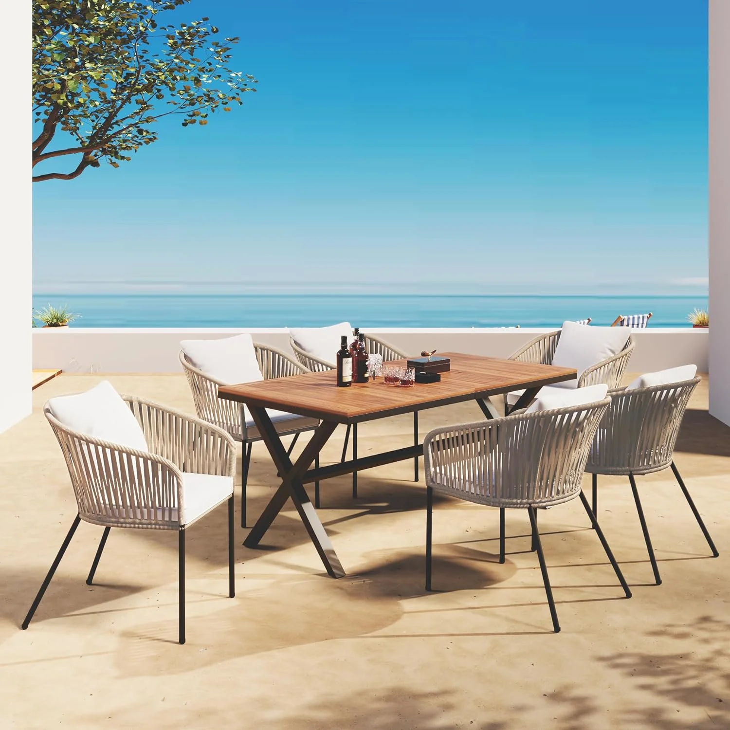 7 Piece Patio Dining Table Set, All-Weather Outdoor Furniture Set with Dining Table and Chairs for Garden, Backyard, Balcony, Acacia Wood Tabletop, Metal Frame, Beige