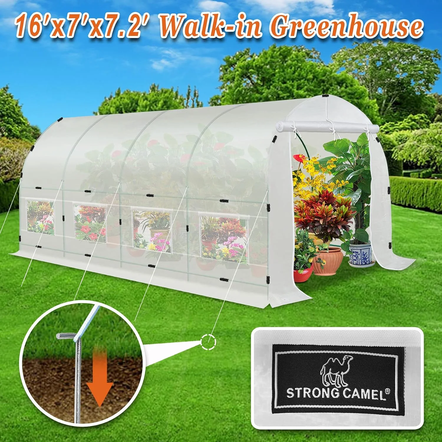 Large Walk-In Plants Greenhouse Portable Garden Hot House W/Combined Cover-White (16'X7'x7.2')