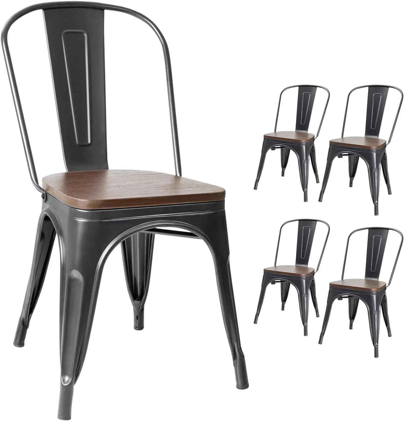 Metal Dining Chairs with Wood Seat, Indoor Outdoor Use Stackable Tolix Industrial Metal Chairs Set of 4 for Kitchen, Dining Room, Bistro and Cafe (Black)