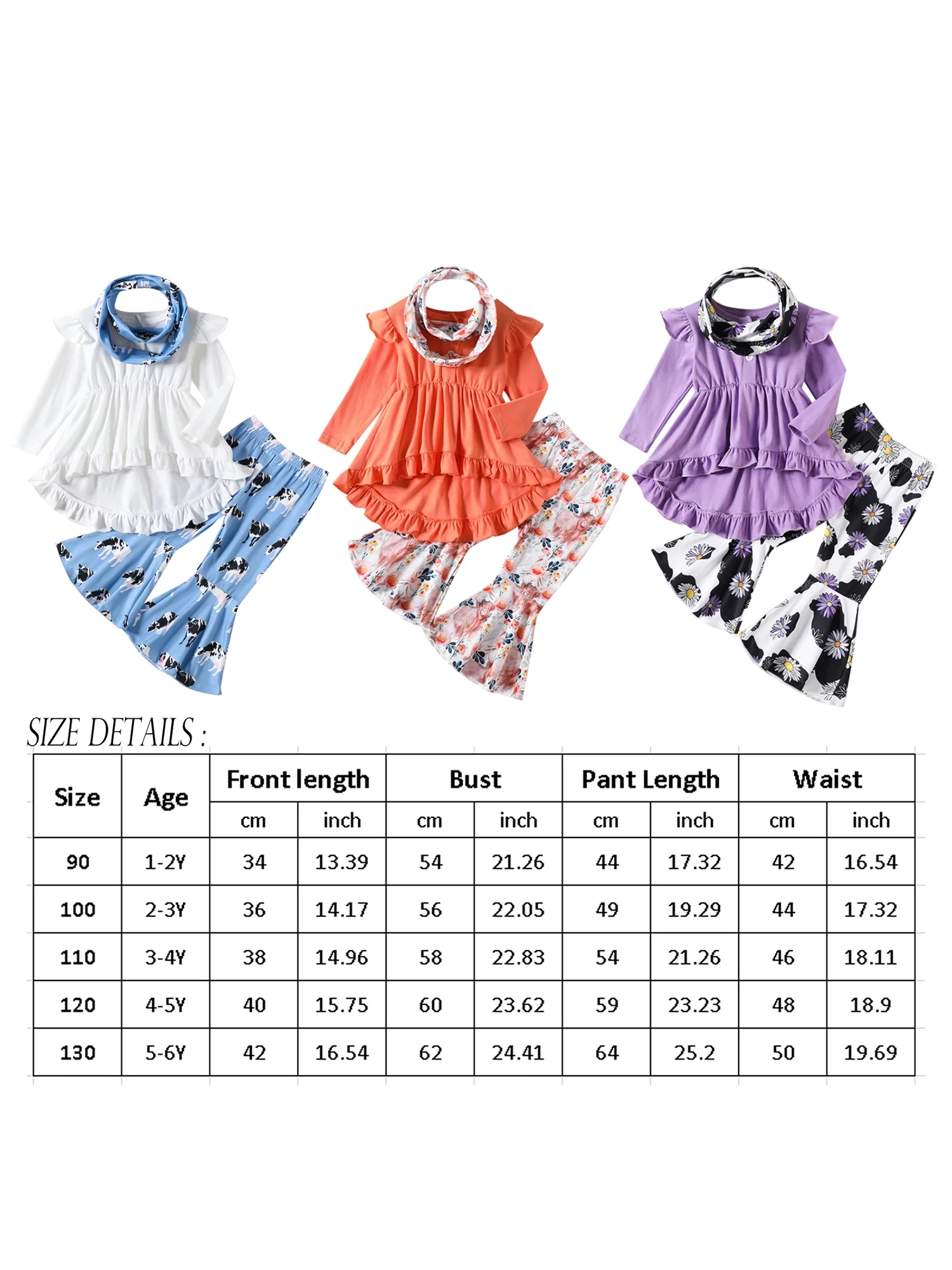 Western Girls Pants Set Ruffles Trim Flying Sleeve Shirt and Cow Print Flared Pants Headband Kids Casual Fall 3Pcs Outfits