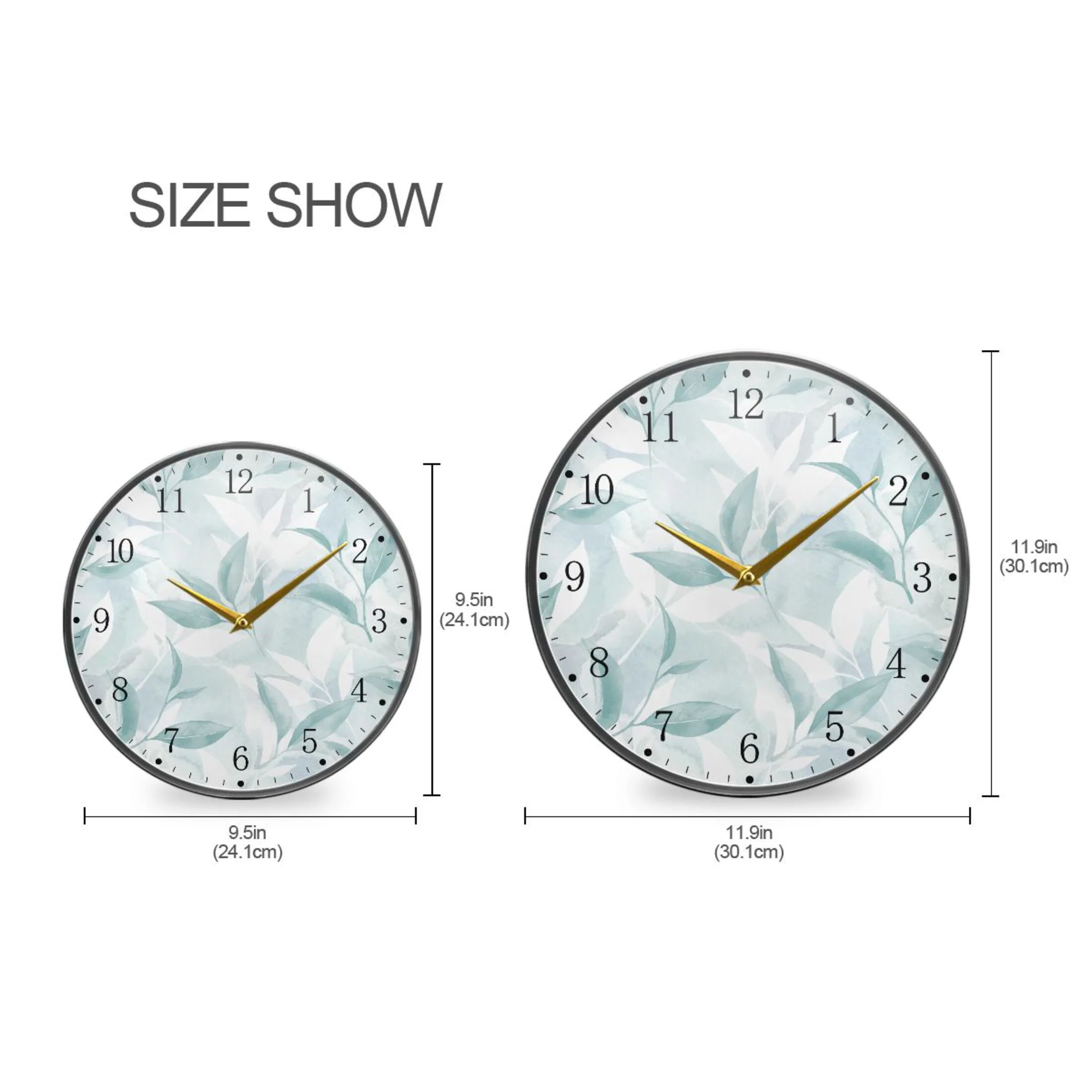 Watercolor Green Leaves Acrylic Wall Clocks Quiet Round Clock Battery Operated Non-Ticking Clock for Bedroom Kitchen Office Decorative 11.9 Inch