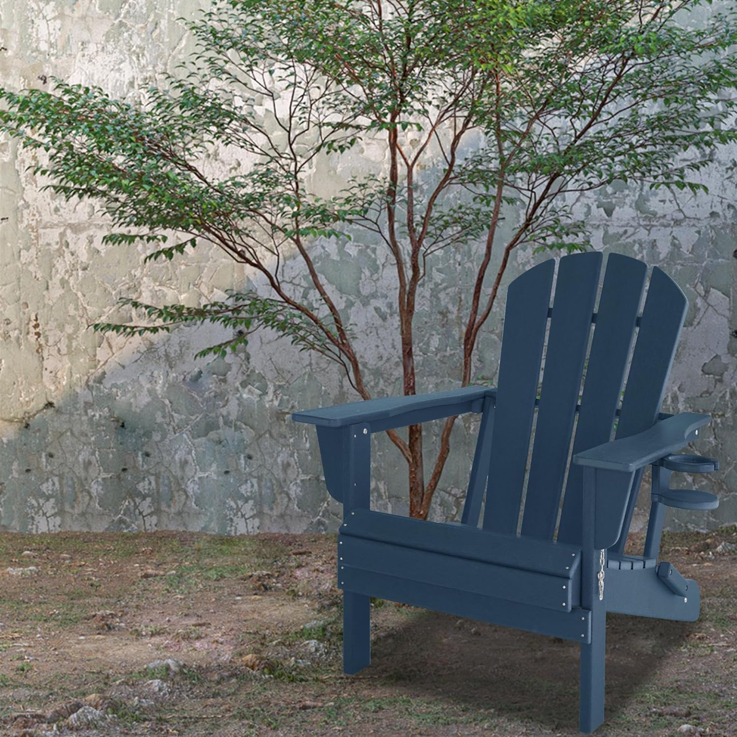 Folding Adirondack Chair Gardens, Fire Pit Chair with Plastic Cup Holder, Decks, Seaside Weather Resistant, Waterproof, Easy to Assemble (Navy Blue)
