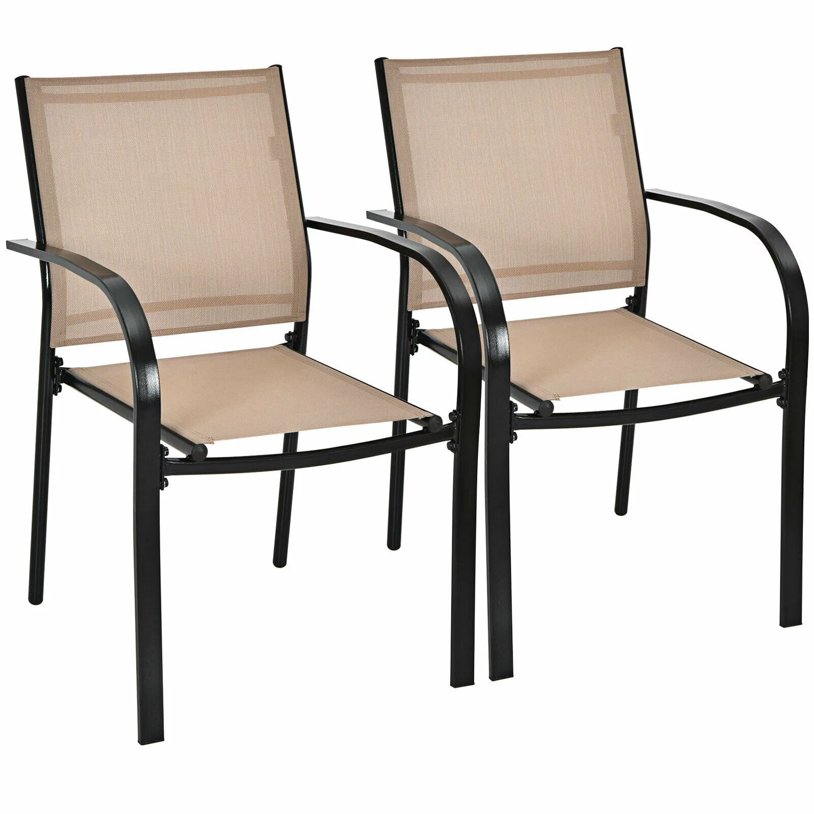 Brown Set of 2 Patio Dining Chairs Stackable with Armrests Garden Deck