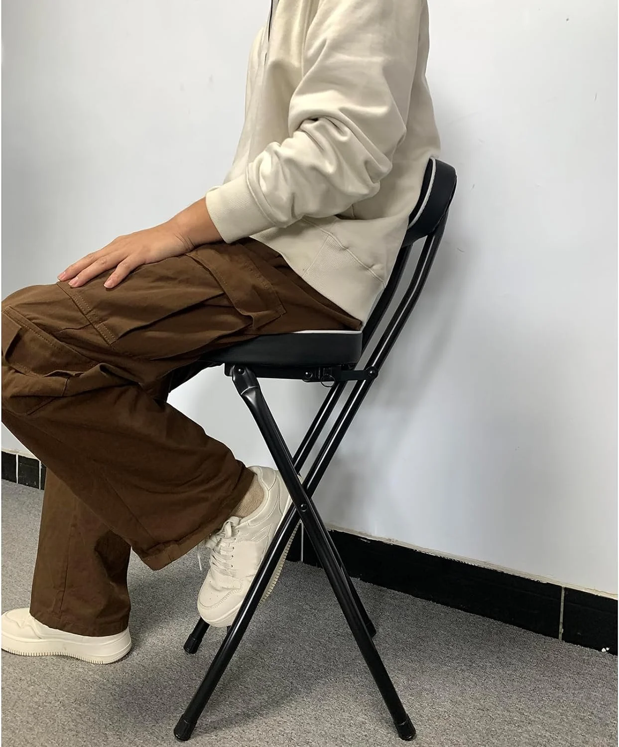 CHIOPKM Portable Folding Stool  Heavy Duty Fold up Stool Metal Foldable Stool for Adults Kitchen Garden Bathroom Collapsible Round Stool  300 lbs Capacity (Color   Black  Size   Sitting H