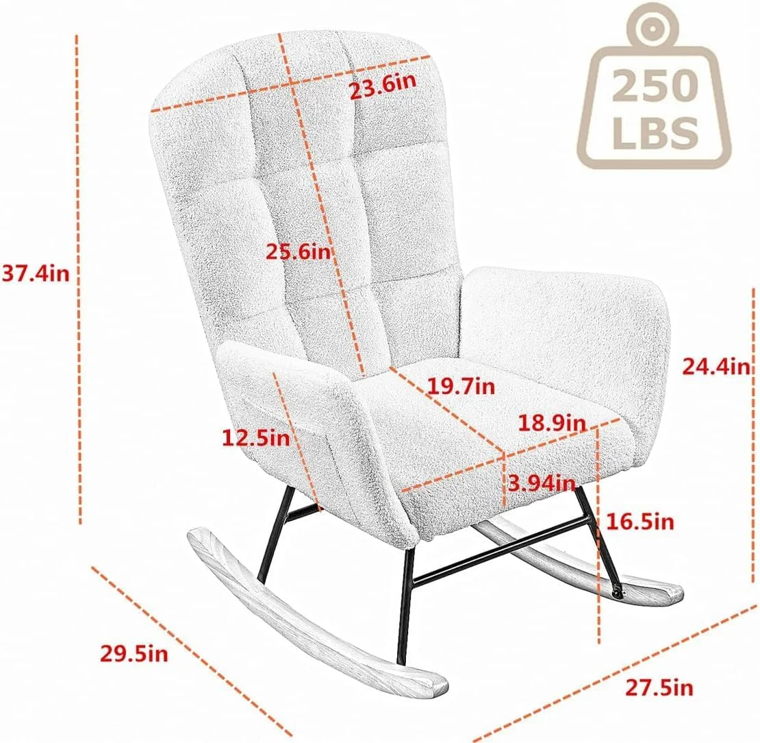 Nursery Rocking Chair,Upholstered Glider Chair with High Backrest Armchair Chair for Living Room Bedroom Offices (White Velvet)