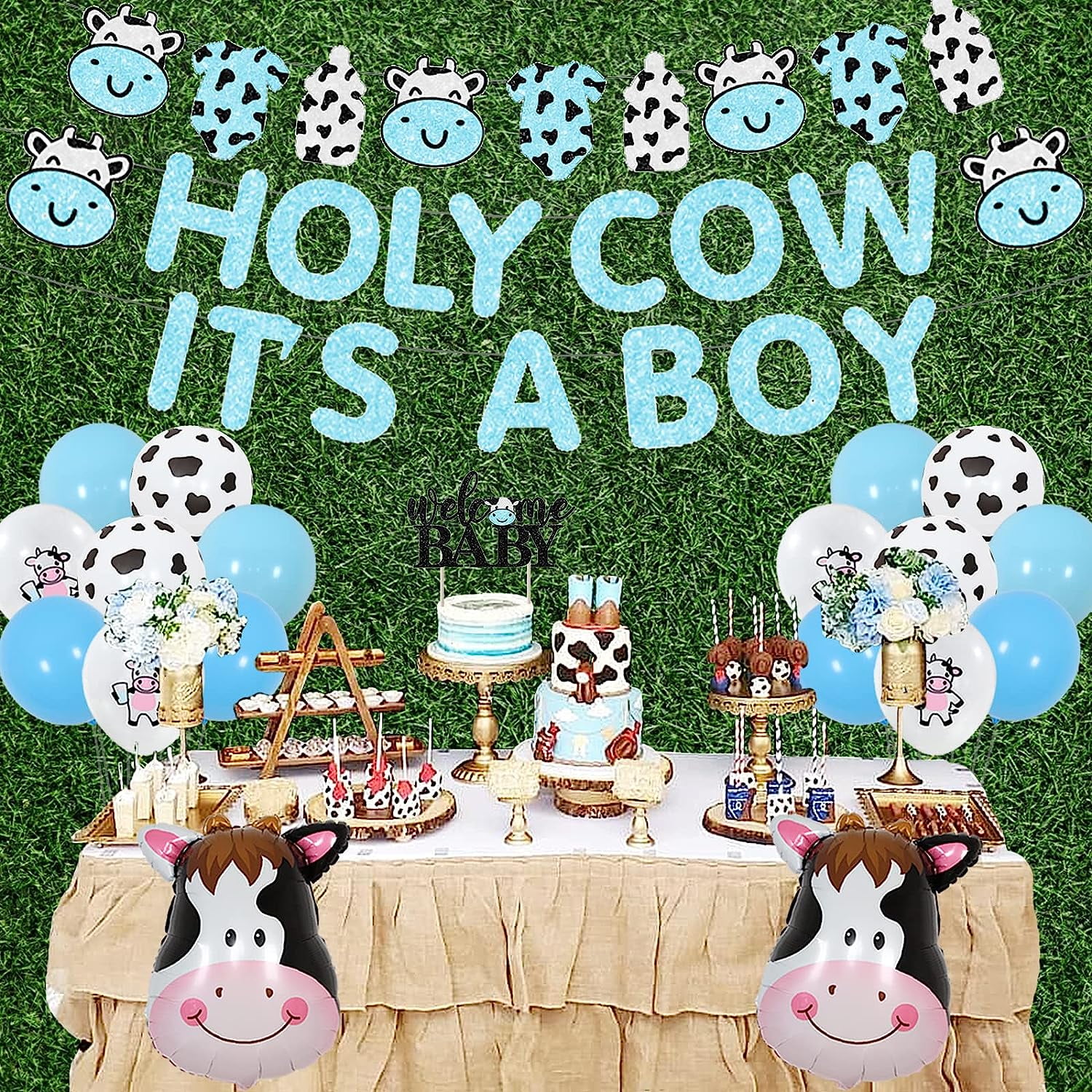 Cow Baby Shower Decorations for Boy, Holy Cow It's a Boy Baby Shower Decorations, Blue Cow Garland, Welcome Baby Cake Toppers for Cow Theme Baby Shower Decor