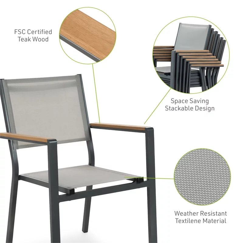 Afuera Living 2-Piece Outdoor Patio Metal Gray Frame Chairs with Teak Accent