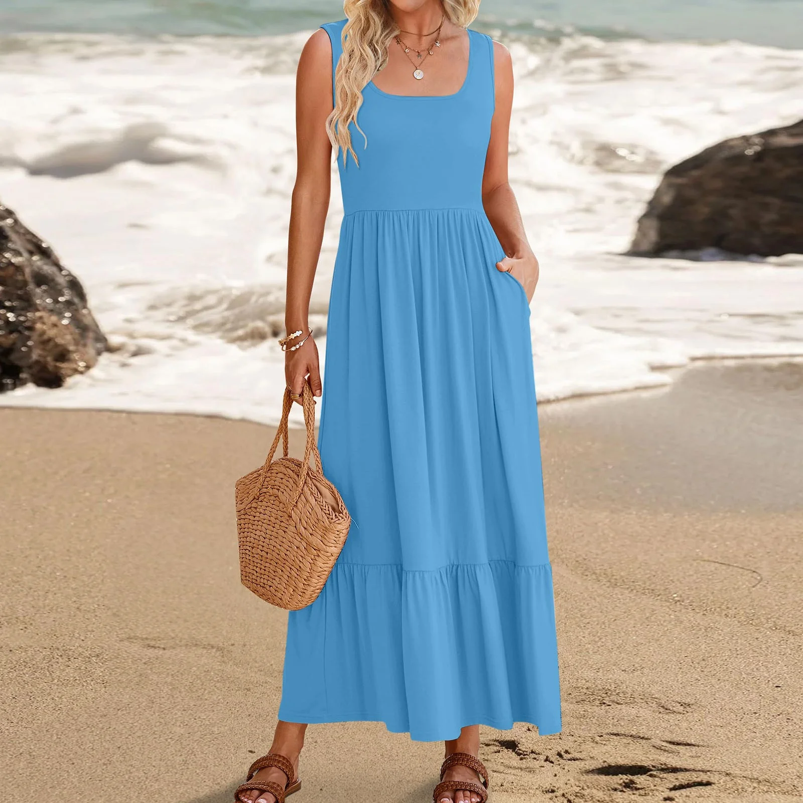 Autumn Cargo Skirt Women'S Summer Sleeveless Dress Square Neck Pleated Swing Casual Maxi Dresses With Pockets Skirt