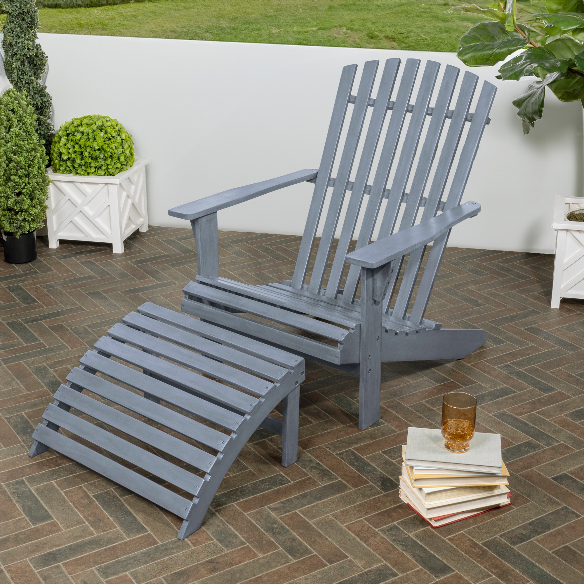 Saranac 2-Piece Traditional Rustic Acacia Wood Adirondack Chair with Detachable Ottoman, Cashmere Blue
