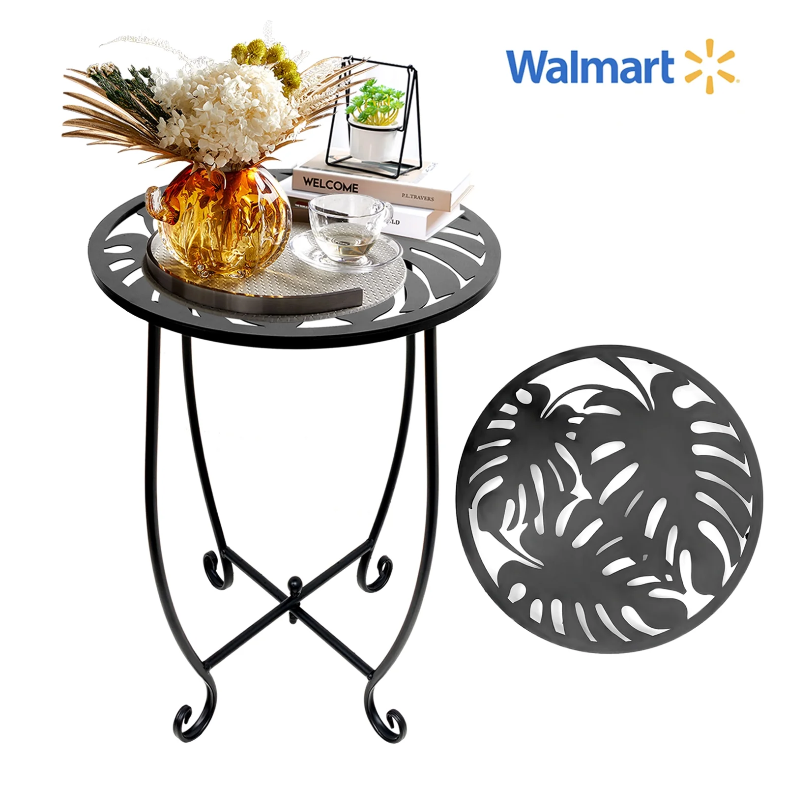 Rekopi Indoor Outdoor Side Tables, Versatile Round Metal End Table 15'' Tall Plant Stand for Patio Balcony Yard Porch