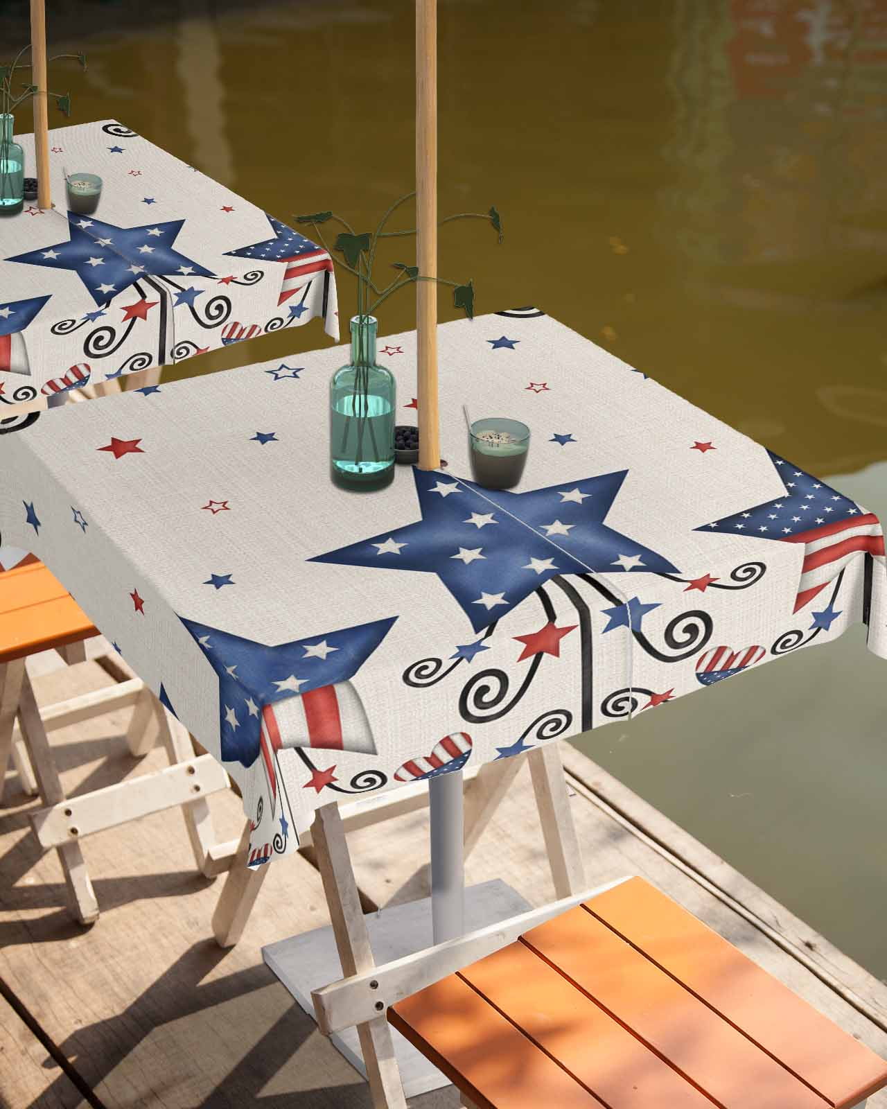 Outdoor Tablecloth with Umbrella Hole, 4th of July Independence Day Patriotic Star Linen Texture Waterproof Picnic Table Cover, Zippered Square&nbsp;Table Cloth for Patio&nbsp;Party Garden, 60”x60”