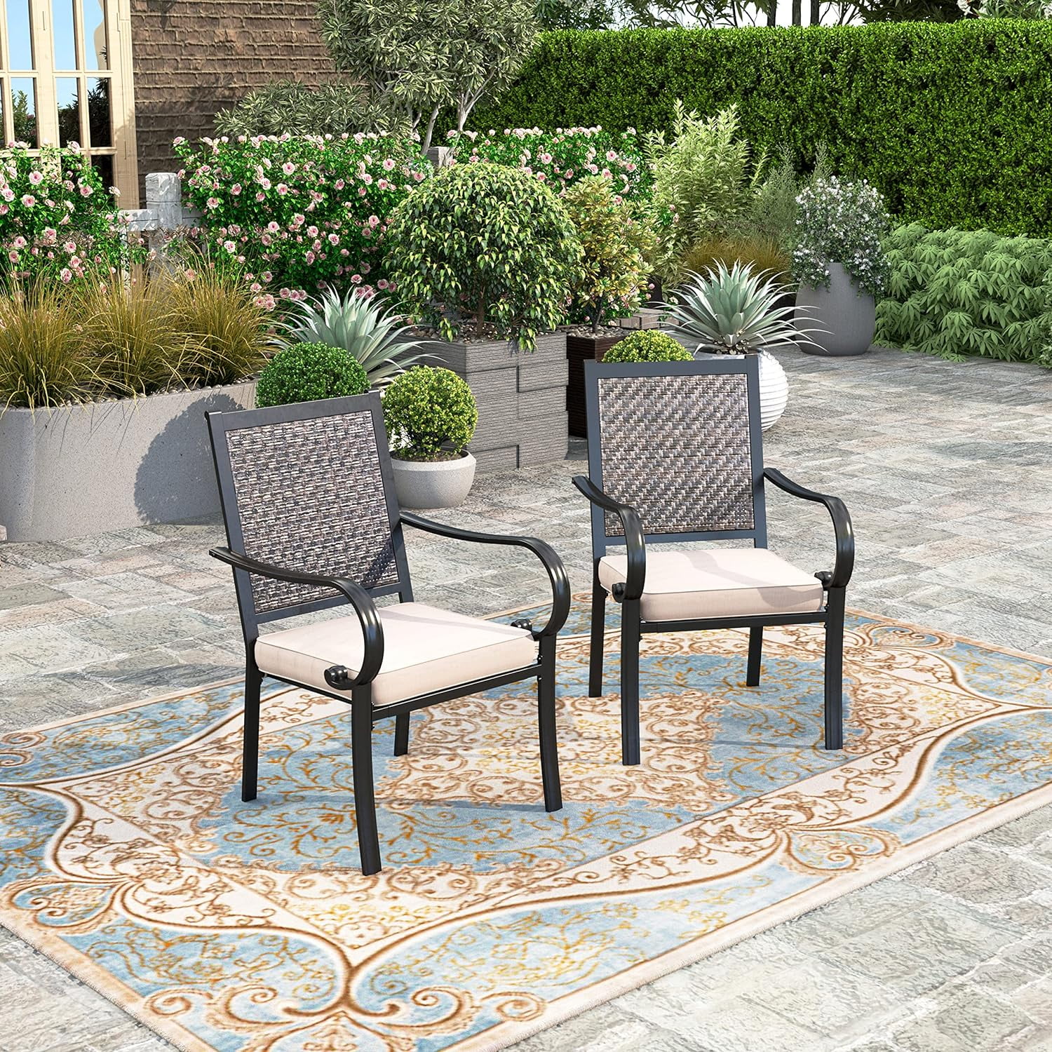 Rattan Patio Dining Chairs Set Of 2, Outdoor Wicker Dining Chairs With Padded Removable Sponge Cushion, Conversation Chairs For Poolside Lawn Garden Backyard