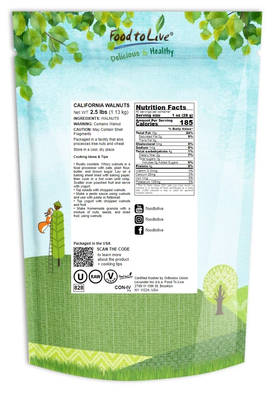 Food to Live, California Walnuts, 2.5 Pounds, Kosher, Vegan