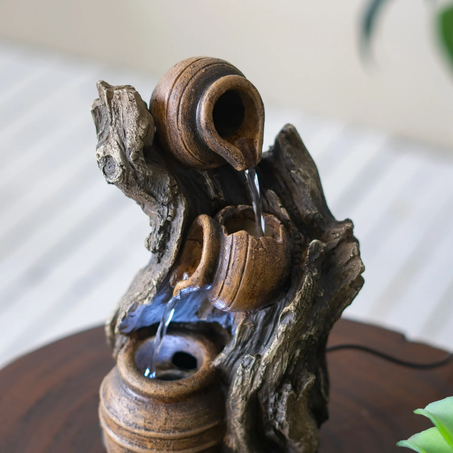 TQJKLFDY 7.7x3.9x13.6” Brown and Gray Water Fountain with Antique Water Pump Design and LED Light