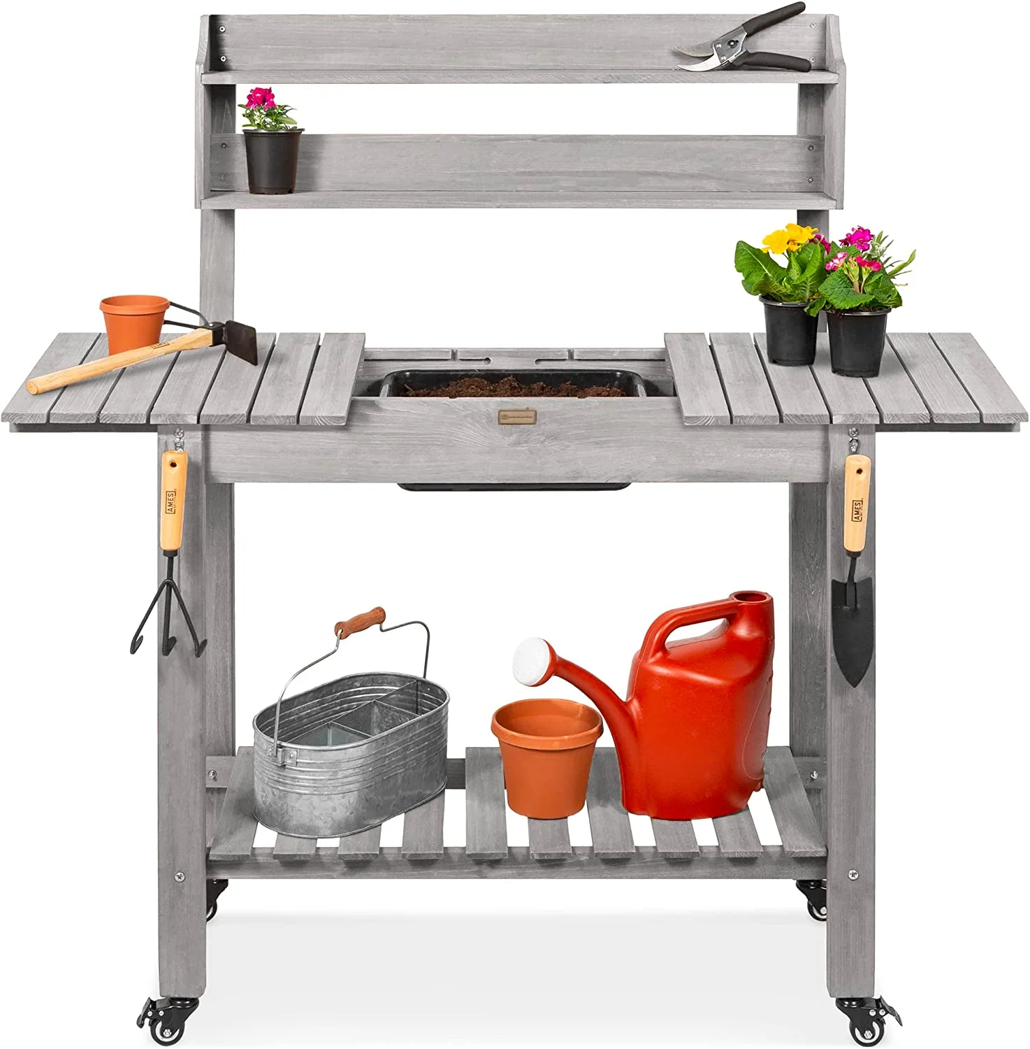Mobile Garden Potting Bench, Outdoor Wood Workstation Table w/Sliding Tabletop, 4 Locking Wheels, Food Grade Dry Sink, Storage Shelves - Gray Stain Finish