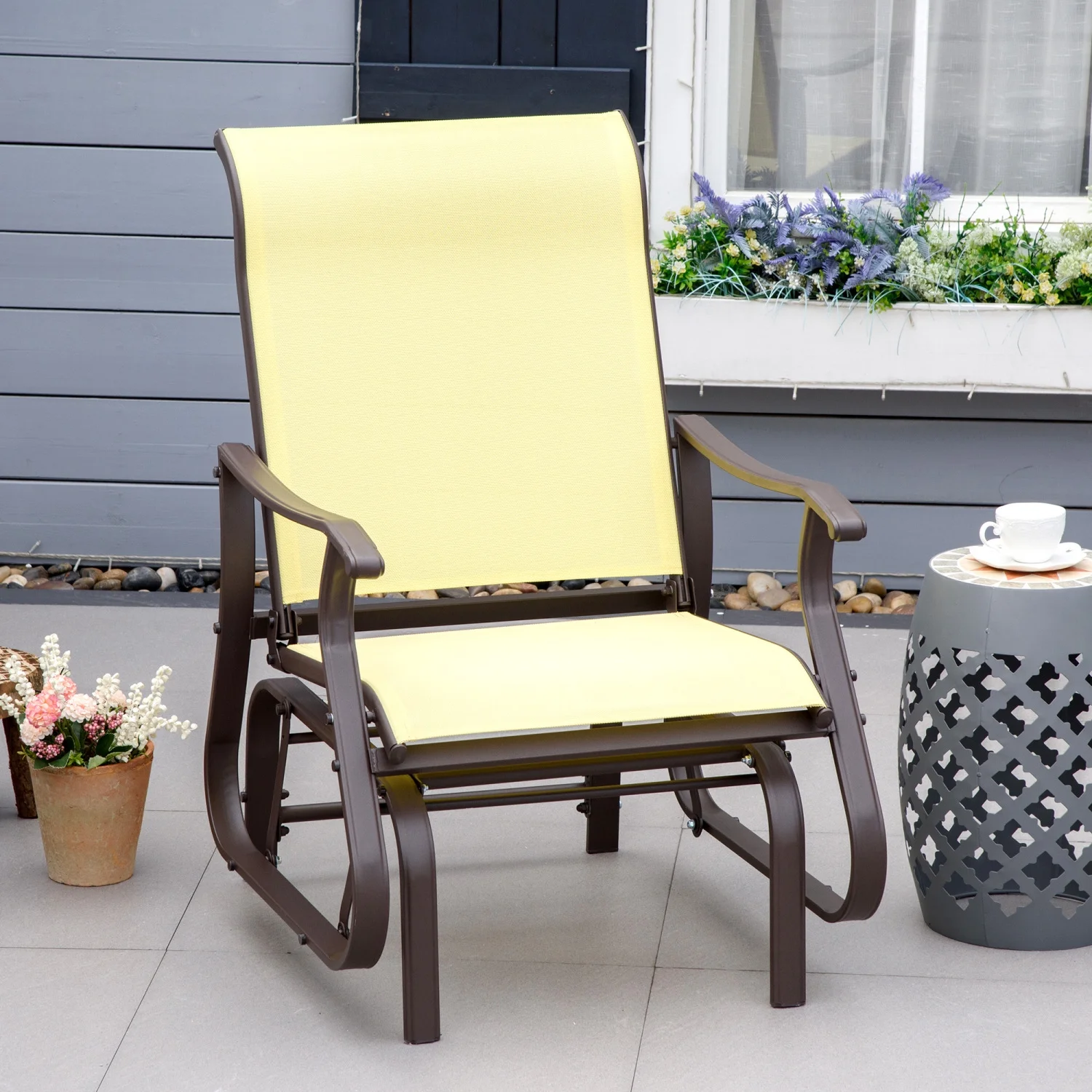 GFSXVNU Outdoor  Glider Chair  Patio Mesh Rocking Chair with Steel Frame for Backyard  Garden and Porch  Beige