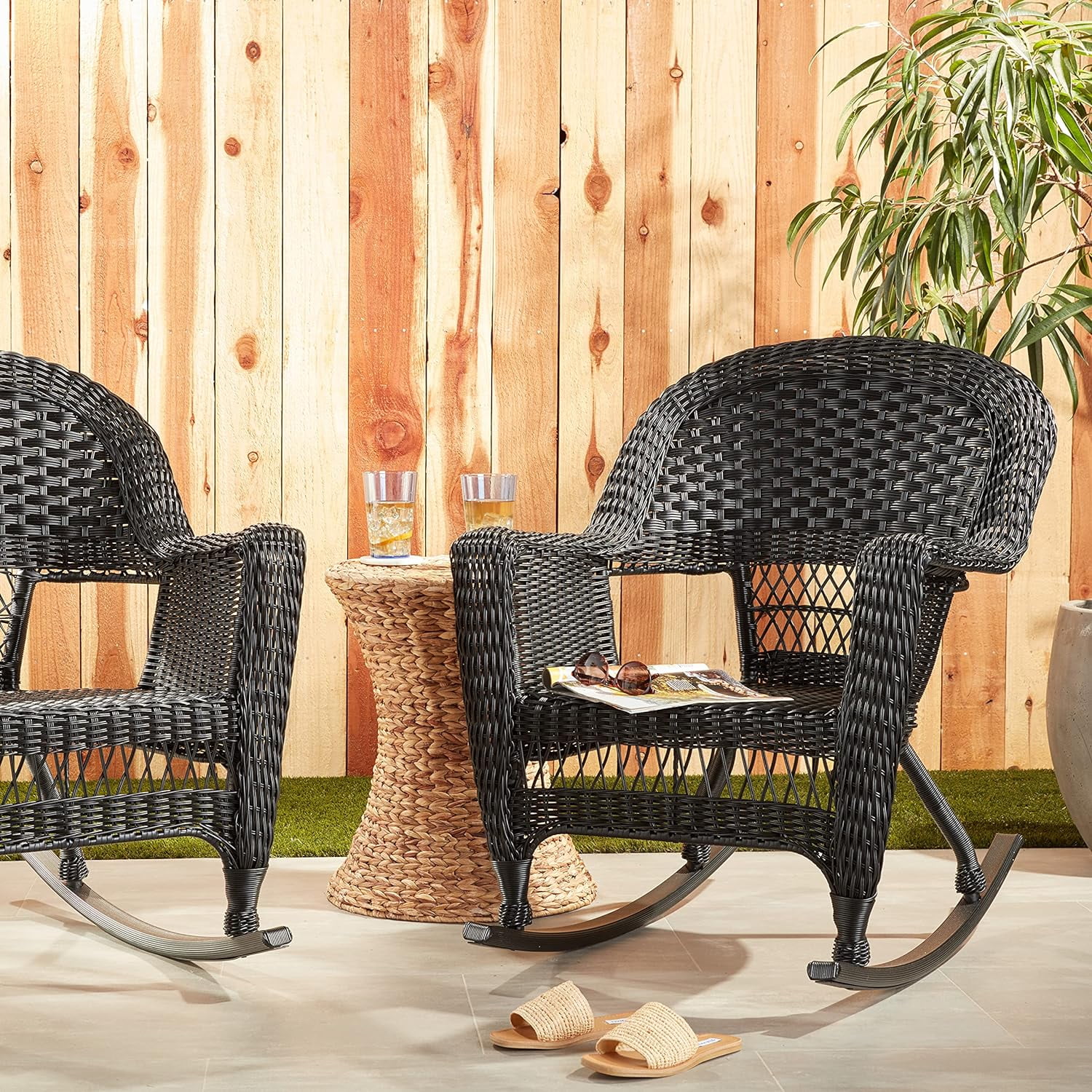 Set Of 2 Wicker Rocker Chairs Black