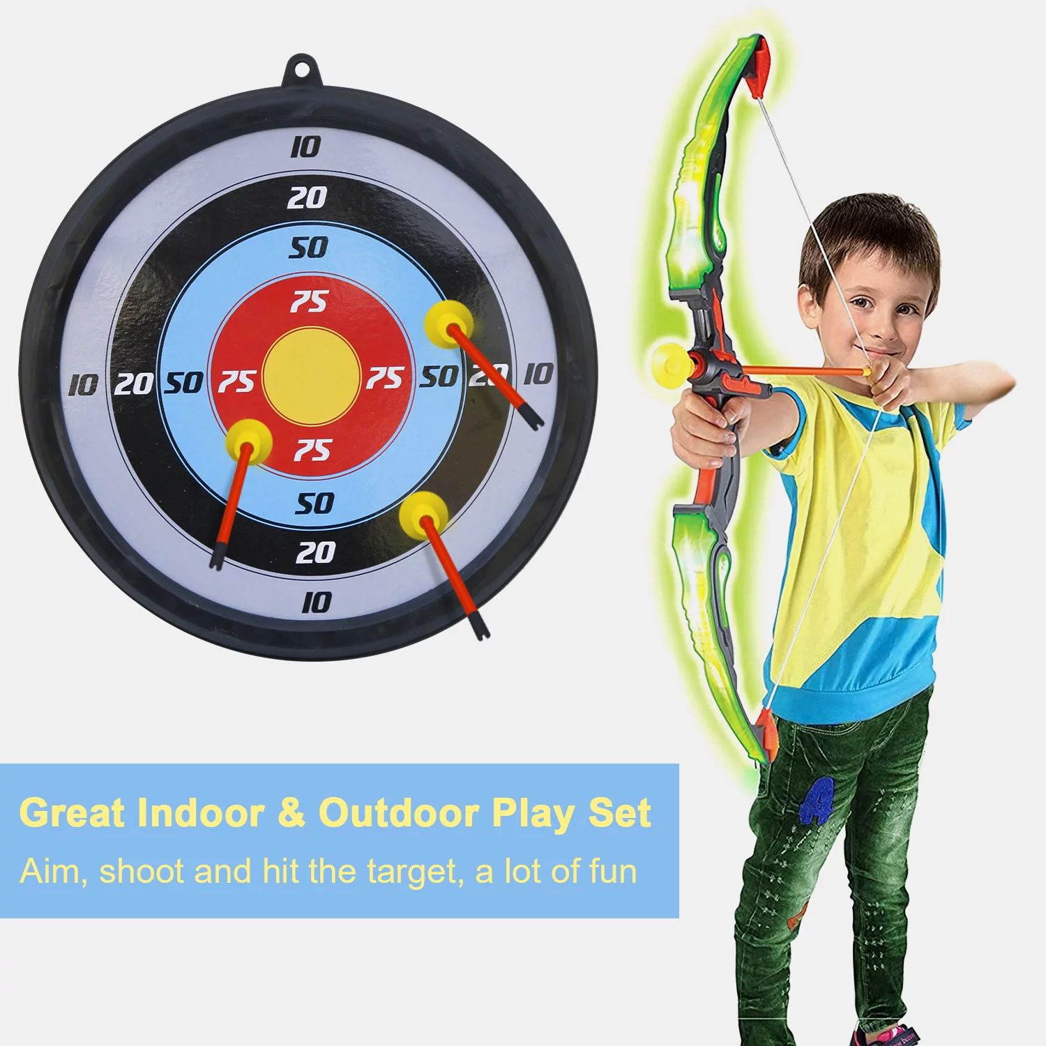 AZToys Light Up Bow and 6 Arrow Archery Play Set for Kids For Outdoor Hunting Play with Durable Arrows, Quiver and Target