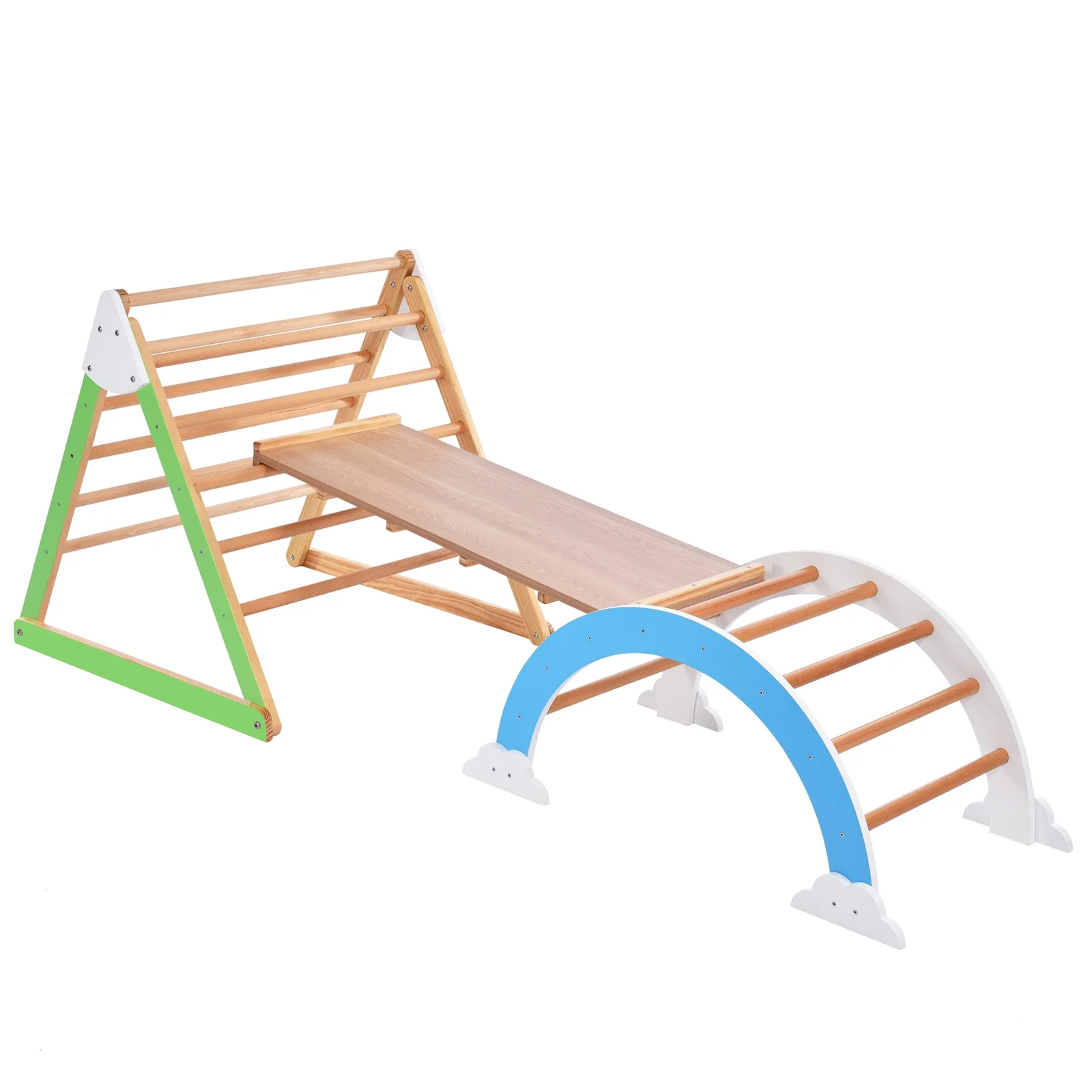 Taktack Wooden Climbing Triangle Toys - Indoor Arc Climber Jungle with Ramp and Arch Toy Rocker, Reversible Multifunction Playset Natural Wood Playground