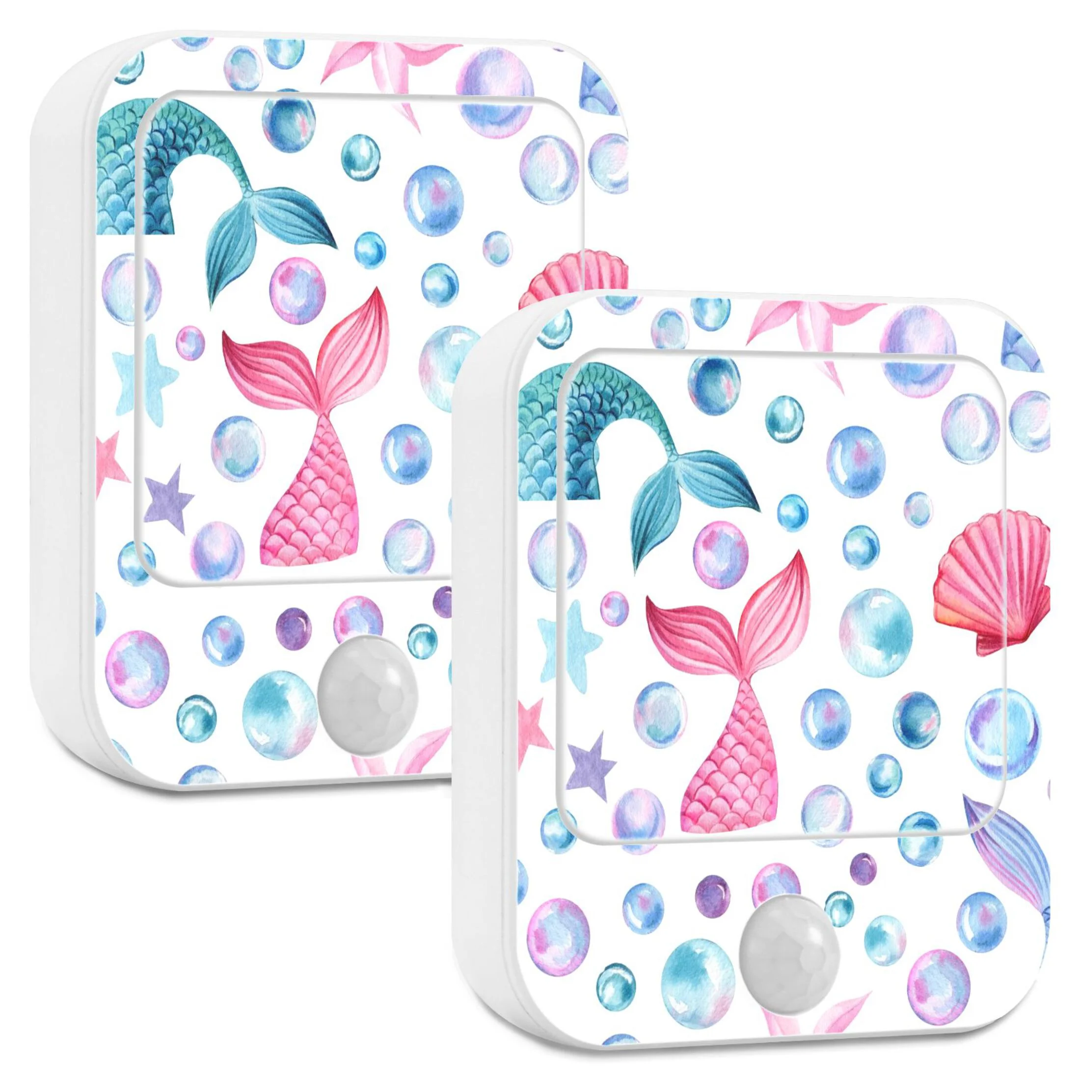 Mermaid Tails Bubbles Seashells Starfish LED Motion Sensor Night Light Plug into Wall 2 Pack Auto Dusk to Dawn Adjustable