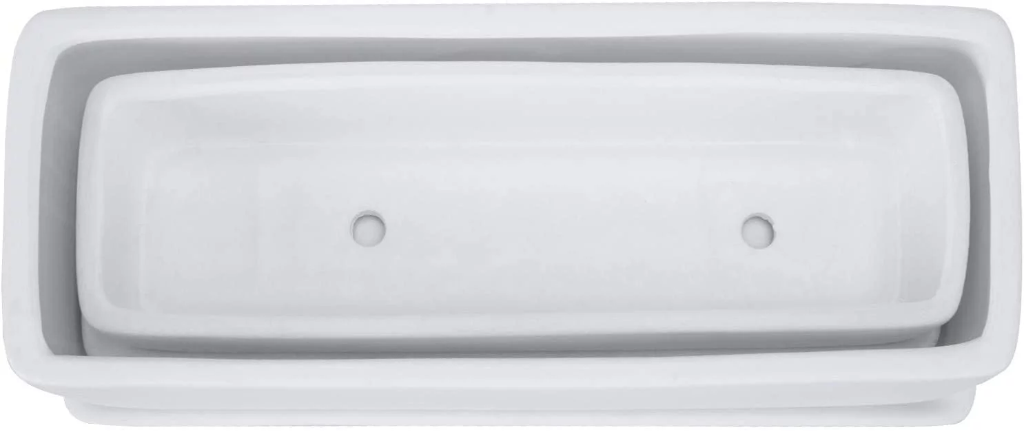 MyGift 2 Piece Modern Rectangular Ceramic Planter with Removable Saucer, Matte White