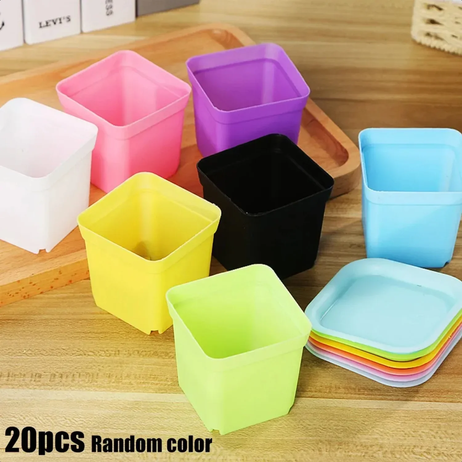 Colorful 20pcs Mini Square Plastic Flower Pot with Drainage Holes and Plant Tray for Garden Planting Tools and Decor  5.5cm x 5.5cm x 4.5cm