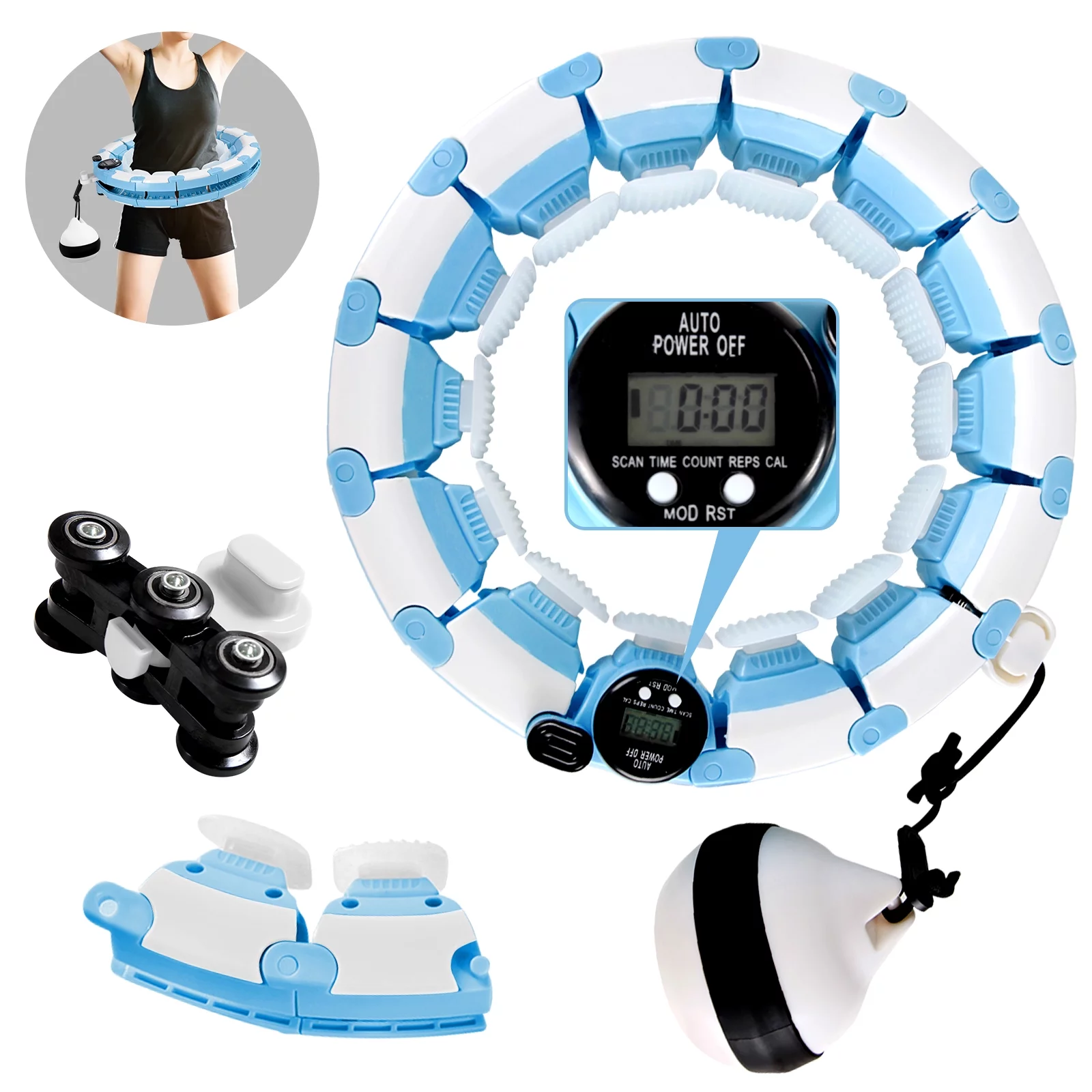 Weighted Intelligent Hula Hoop with Counter for Adults Beginners Won‘t Fall, Abdomen Fitness Increase Beauty, Fit Ness Weight Loss and Massage, 24 Knots Detachable, Blue